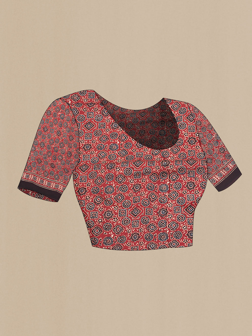 Close up image of the blouse of Maroon Dual Tone Crepe Saree with Ajrakh Print on the body and Fancy Border. 
