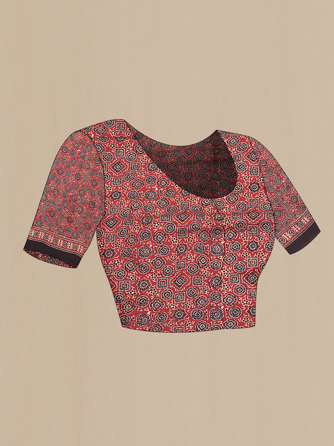 Close up image of the blouse of Maroon Dual Tone Crepe Saree with Ajrakh Print on the body and Fancy Border. 