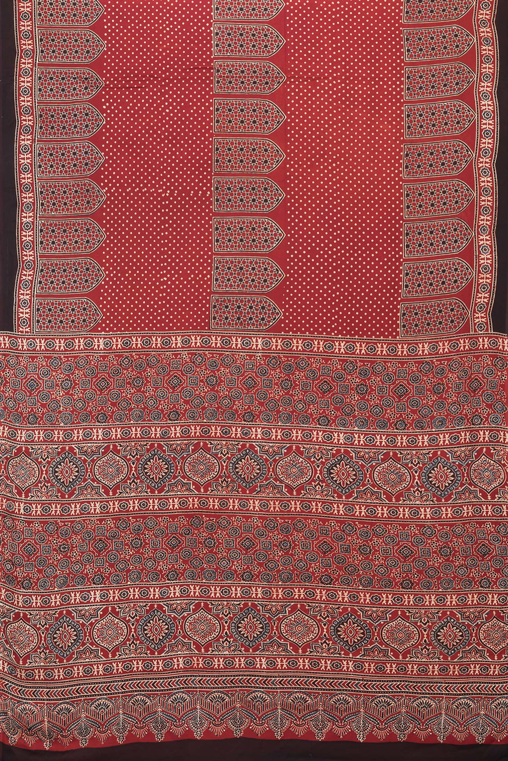 Flat view of Maroon Dual Tone Crepe Saree with Ajrakh Print on the body and Fancy Border. 