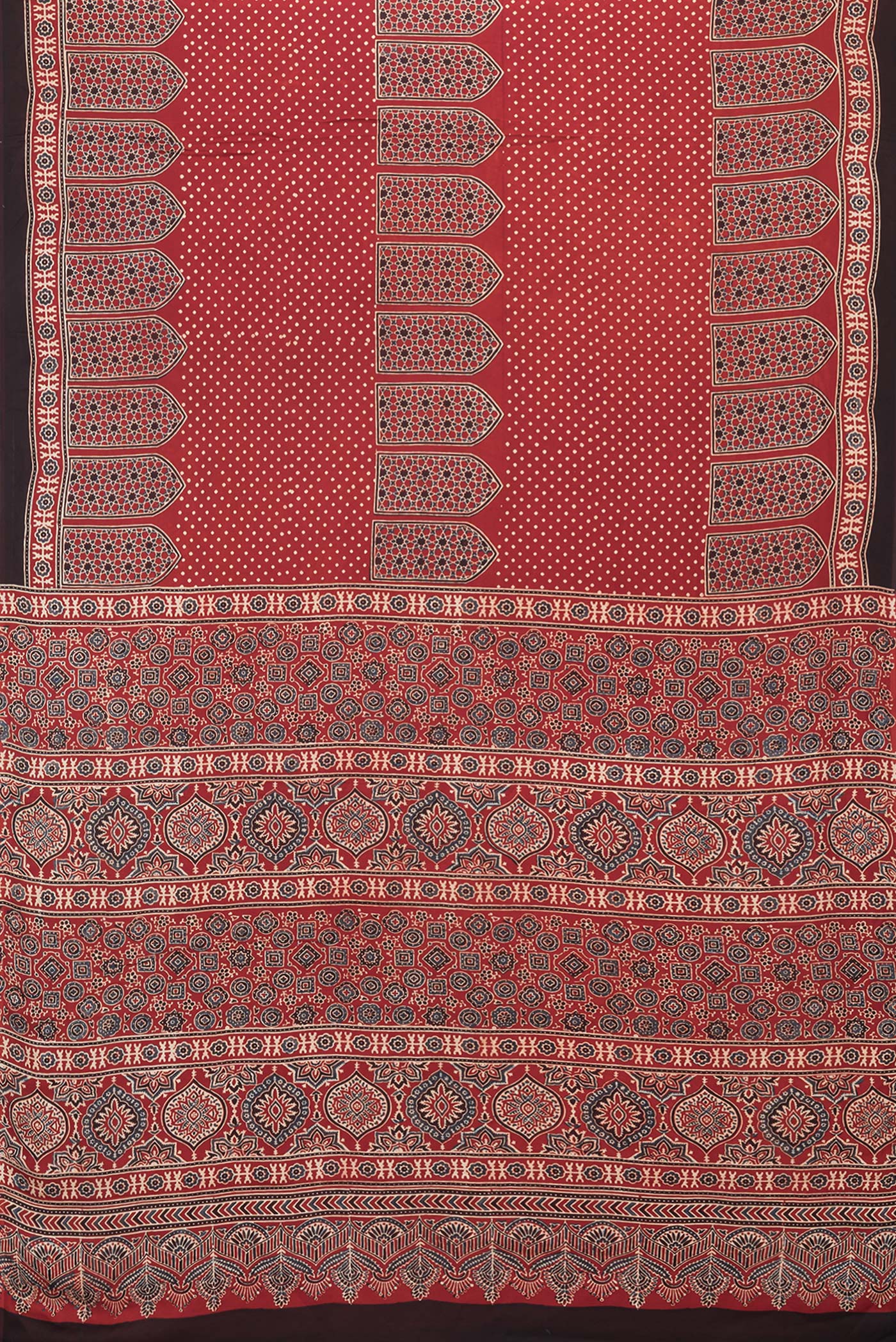 Flat view of Maroon Dual Tone Crepe Saree with Ajrakh Print on the body and Fancy Border. 