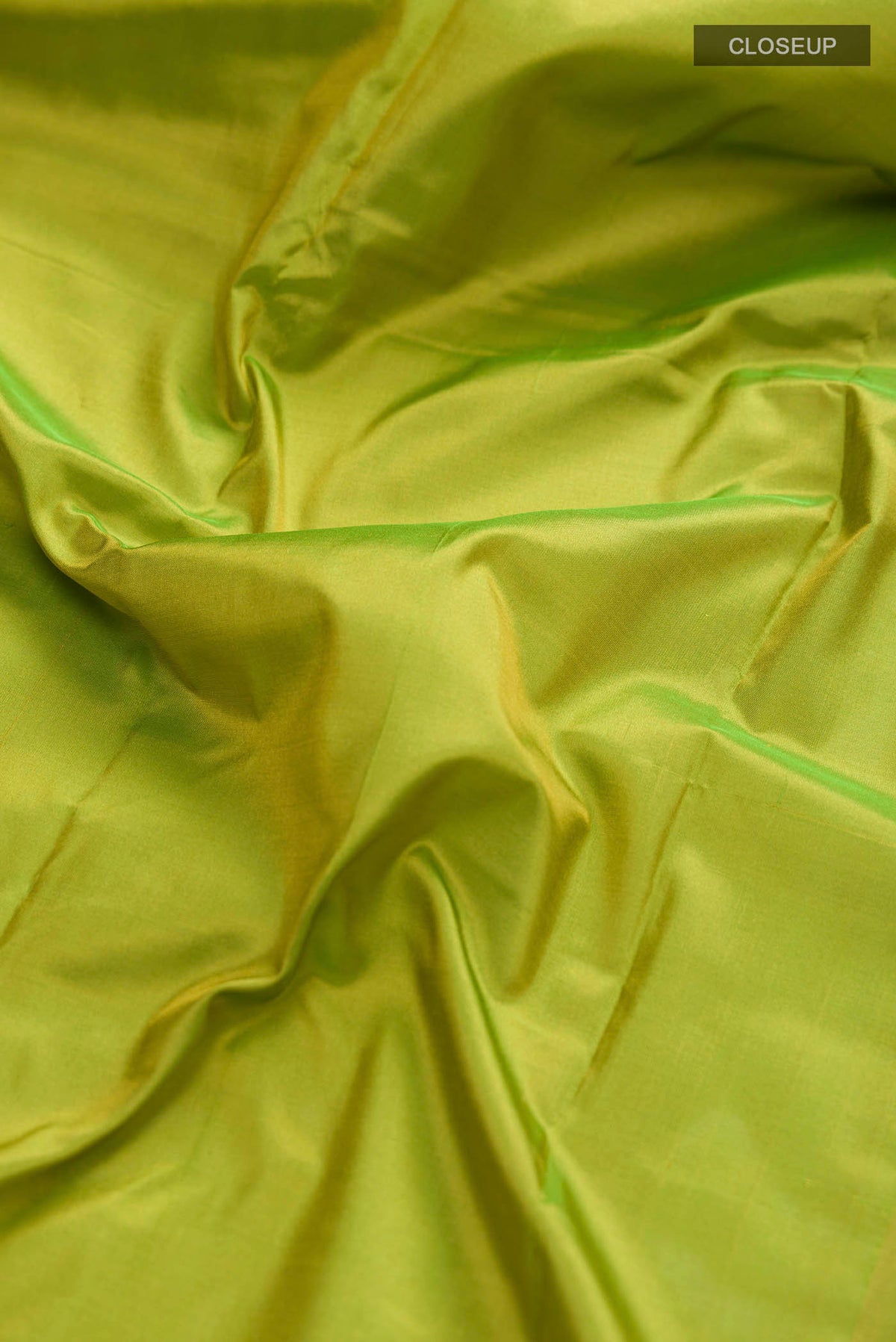 Close up of Green Bangalore Silk Saree with Plain Body and Thread Border displaying folds