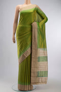 Green Bangalore Silk Saree with Plain Body and Thread Border displayed on a mannequin