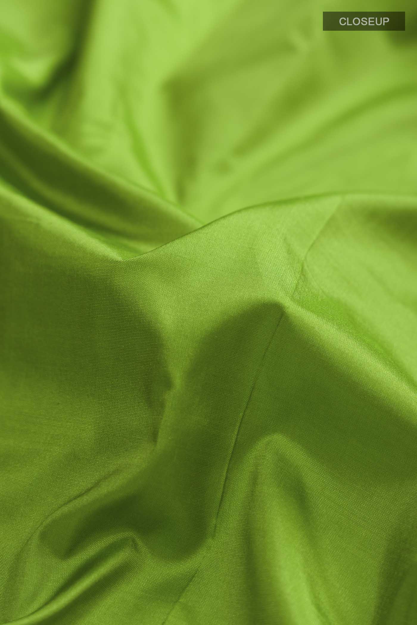 Close up of Green Bangalore Silk Saree with Plain Body and Zari And Thread Border displaying folds