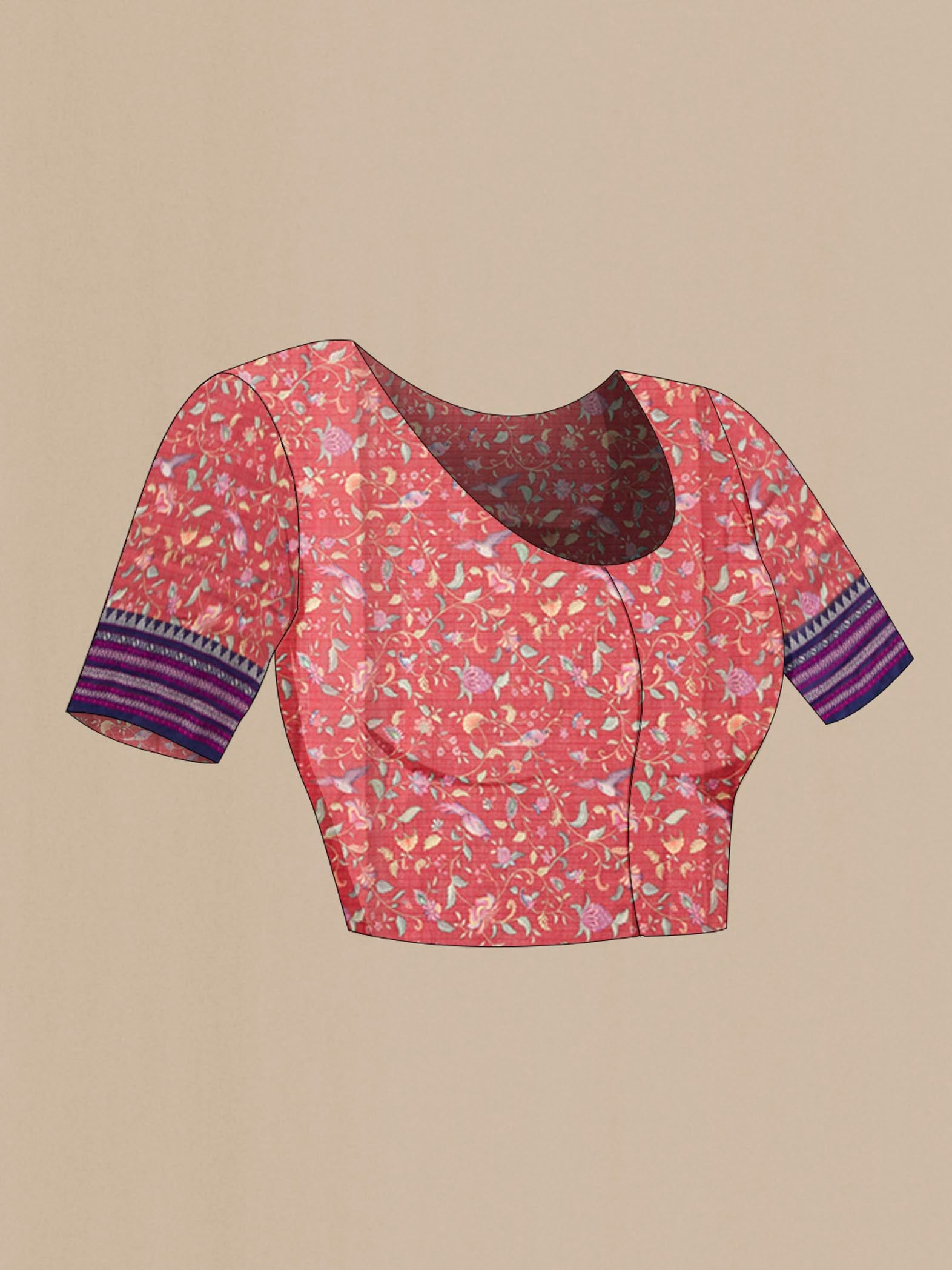 Close up image of the blouse of Red Kota Silk Saree with Printed design on the body and Thread Border