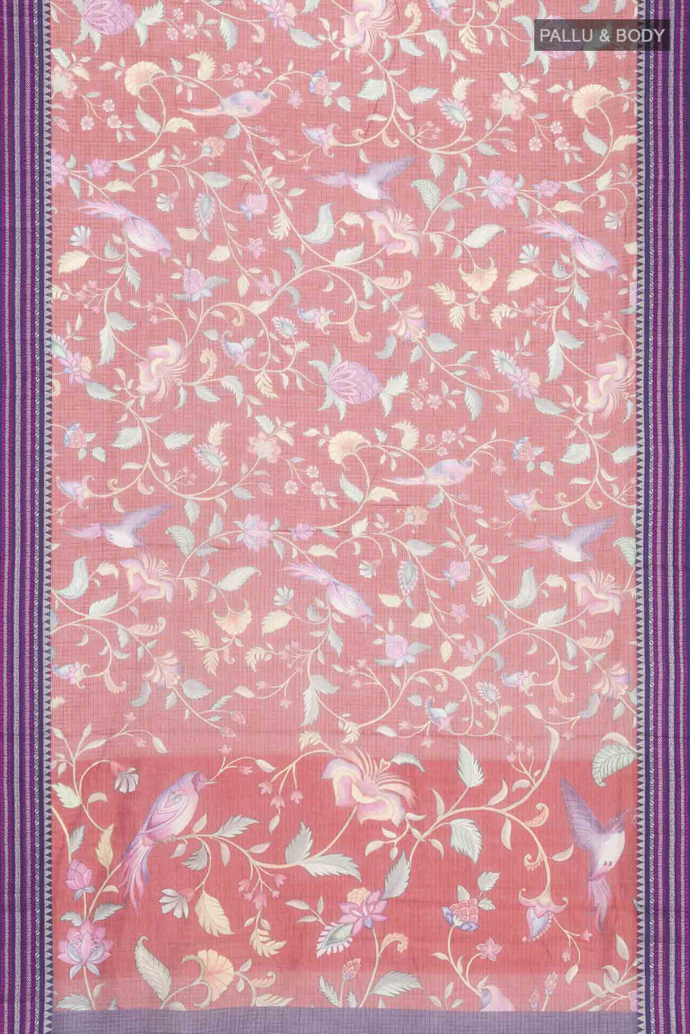 Flat view of Red Kota Silk Saree with Printed design on the body and Thread Border