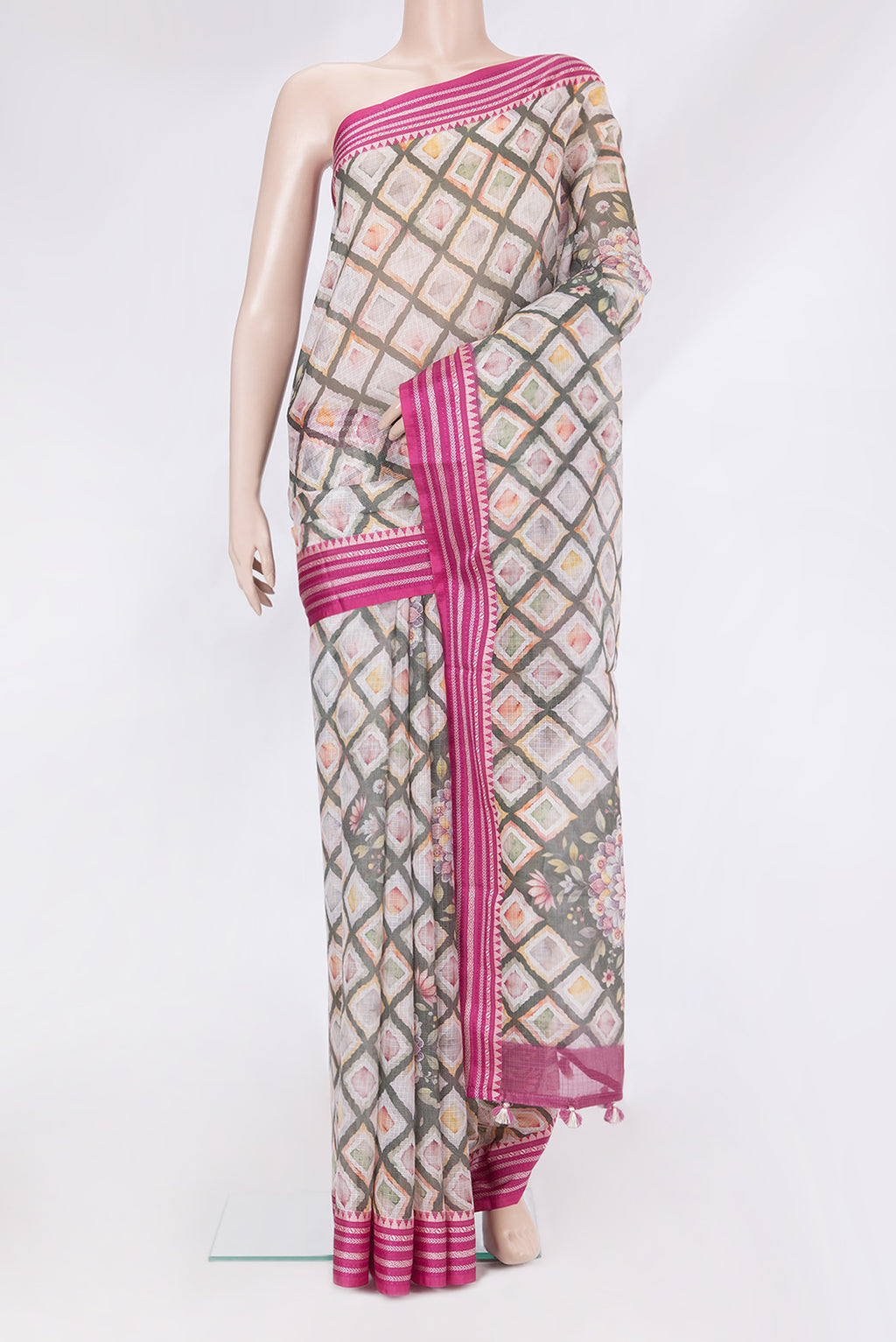 Multi Color Kota Silk Saree with Printed design on the body and Thread Border.  displayed on a mannequin
