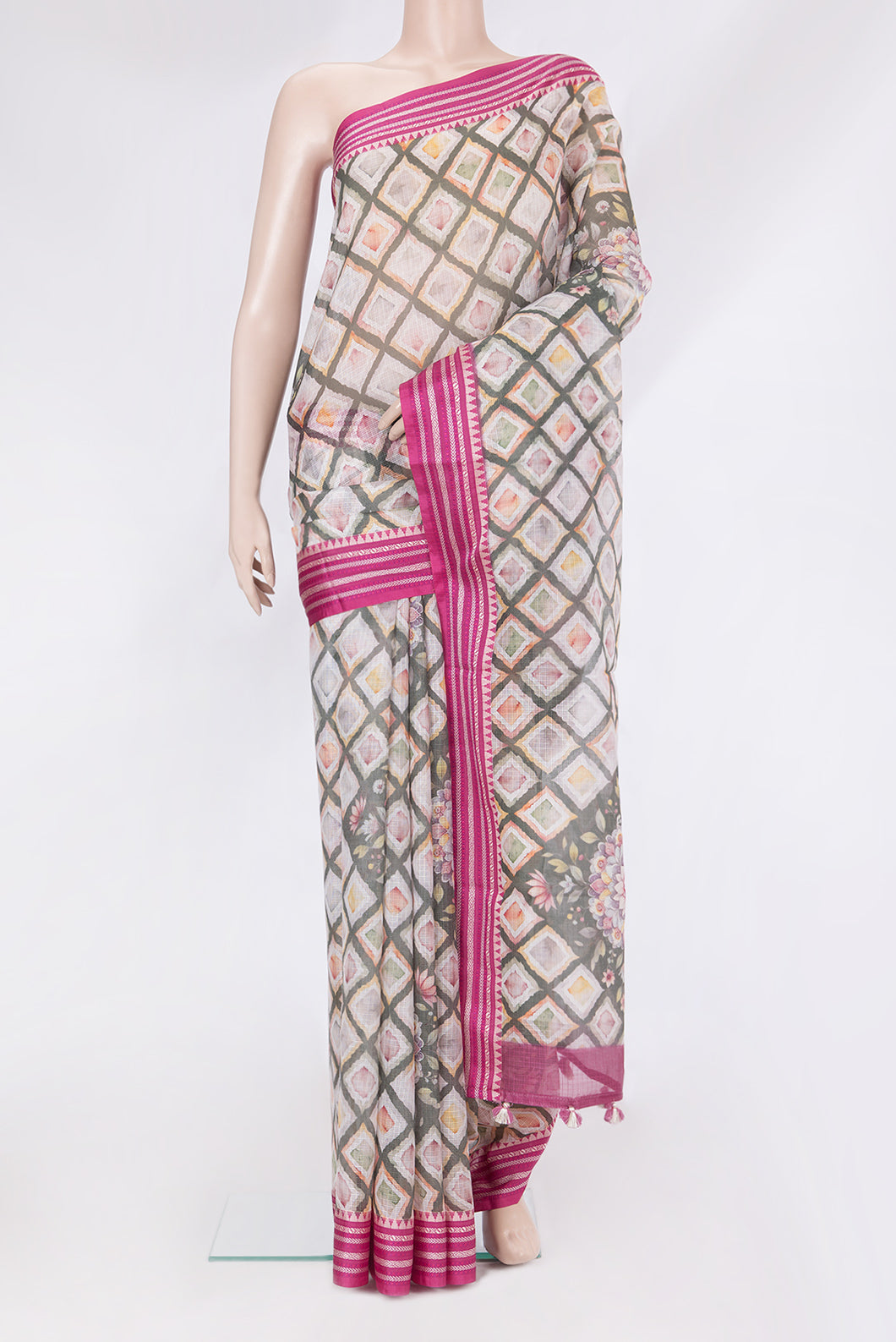 Multi Color Kota Silk Saree with Printed design on the body and Thread Border.  displayed on a mannequin