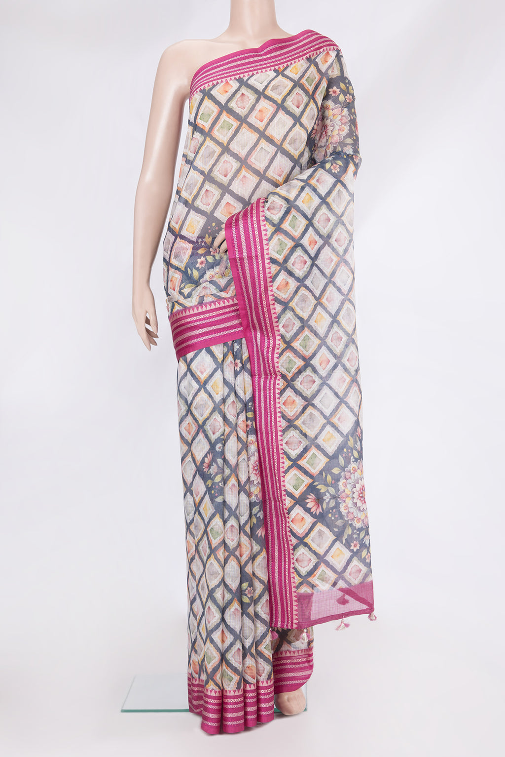 Beige Kota Silk Saree with Printed design on the body and Thread Border.  displayed on a mannequin