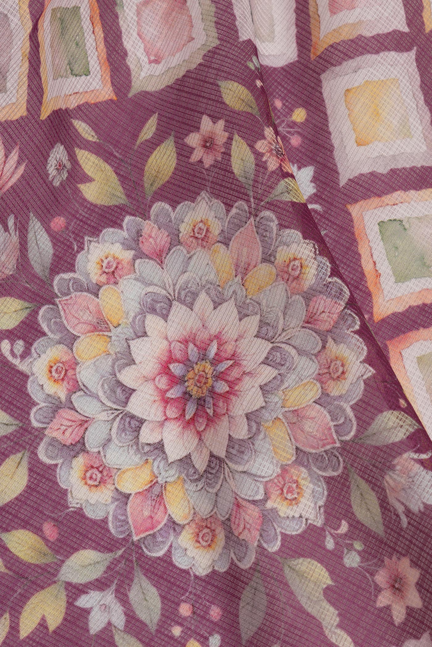Close up of Pure Silk Purple Kota Saree with Printed design on the body and Thread Border.  displaying folds
