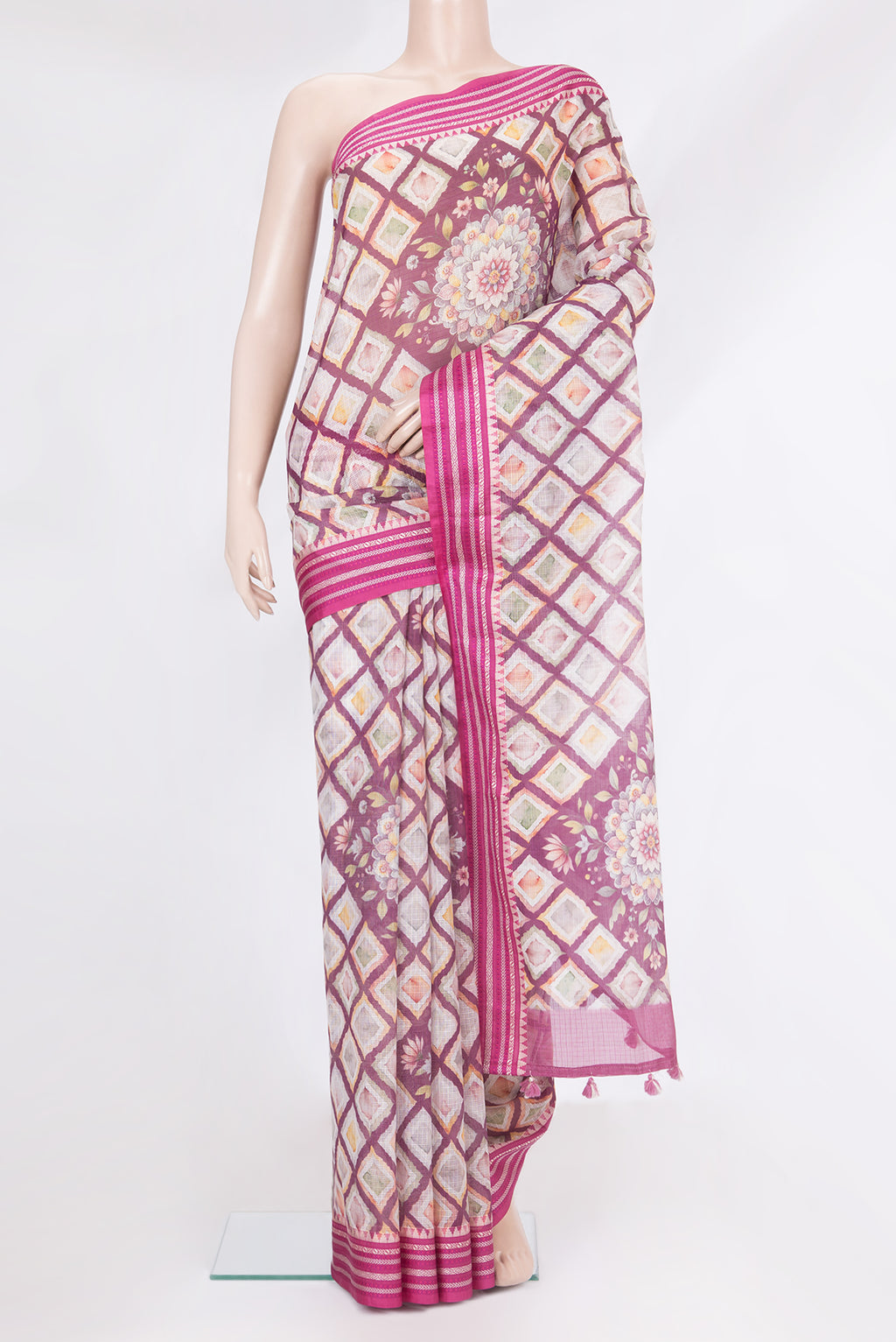 Pure Silk Purple Kota Saree with Printed design on the body and Thread Border.  displayed on a mannequin