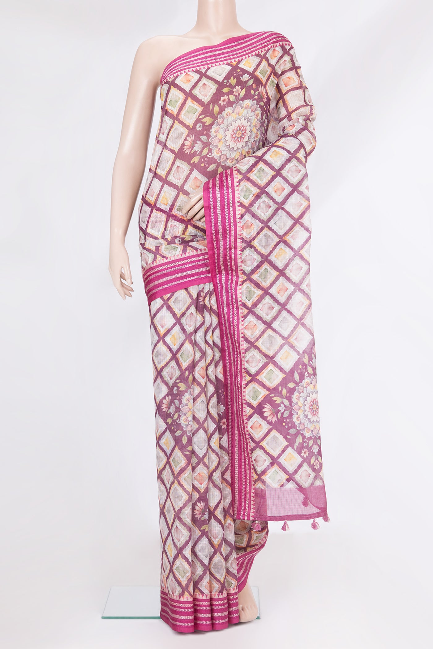 Pure Silk Purple Kota Saree with Printed design on the body and Thread Border.  displayed on a mannequin