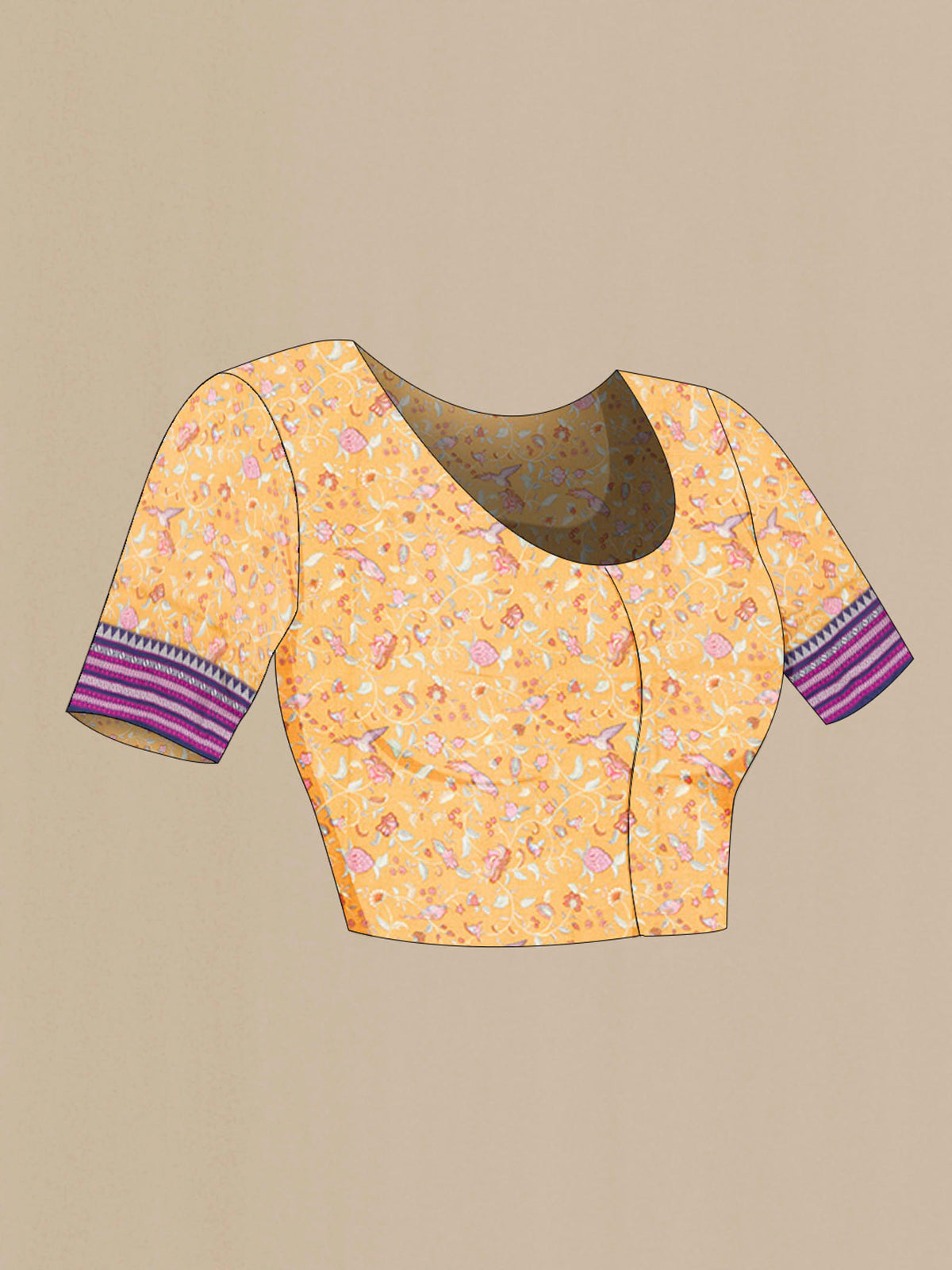 Close up image of the blouse of Yellow Silk Cotton Saree with Printed design on the body and Thread Border