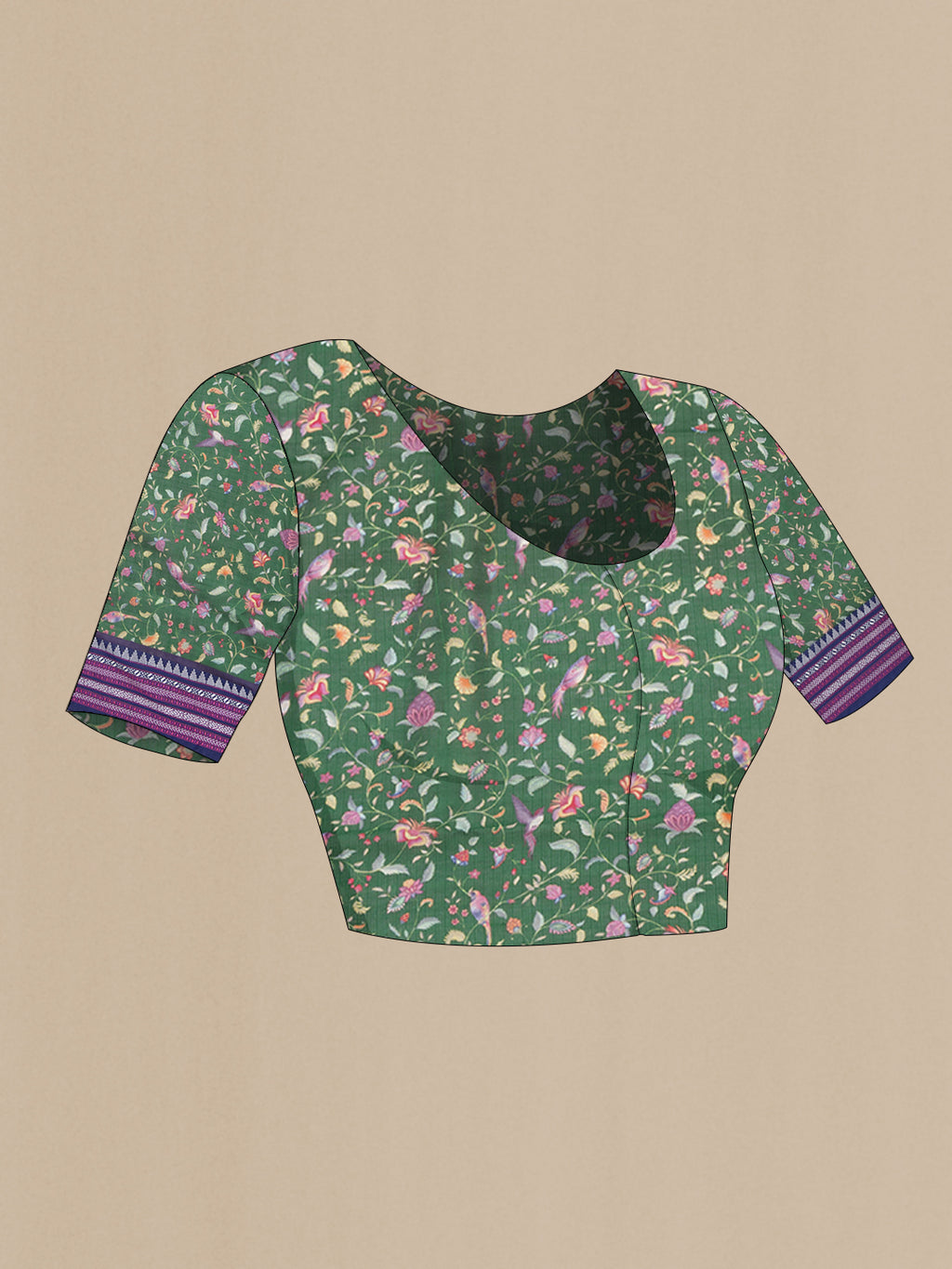 Close up image of the blouse of Green Kota Silk Saree with Floral Print on the body and Thread Border. 