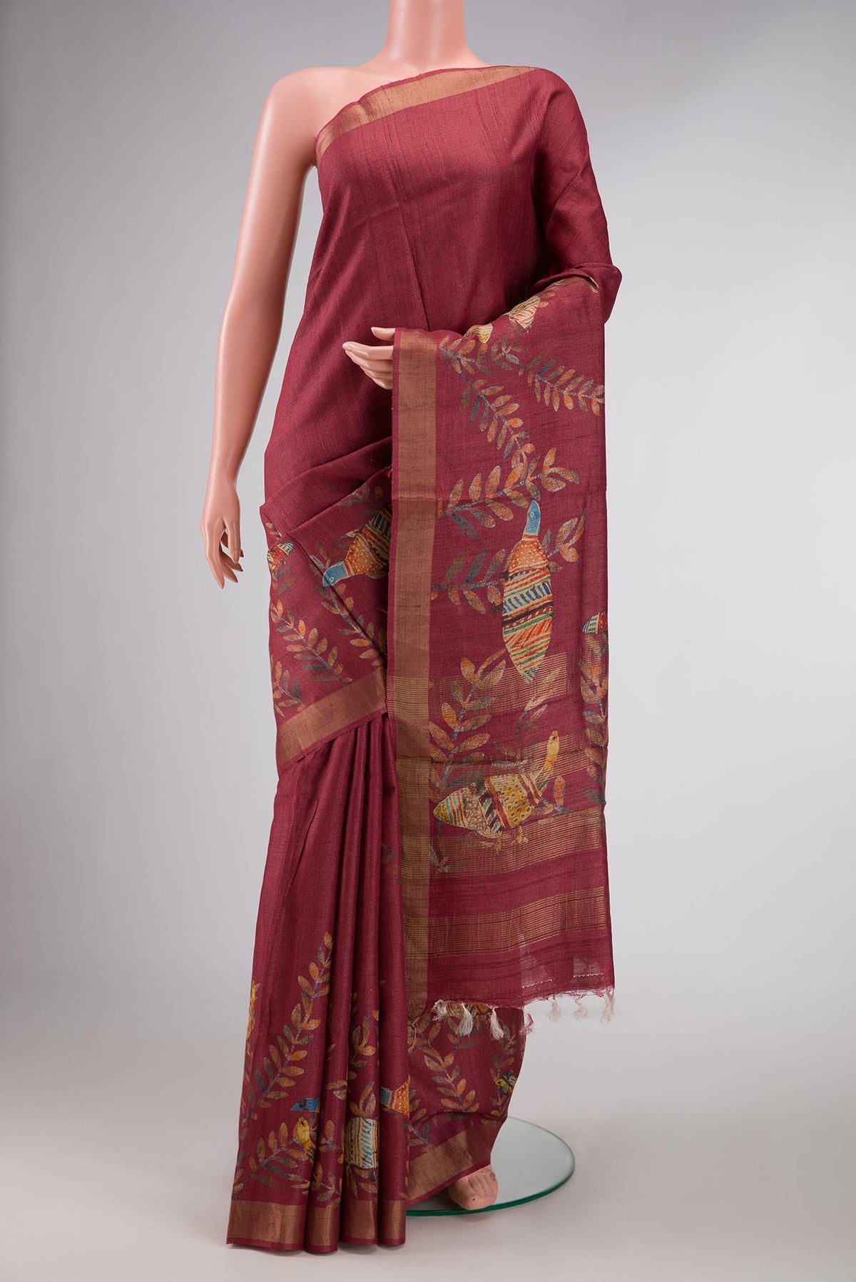 Mauve Dual Tone Tussar Silk Saree with Plain Body and Fancy Border displayed on a mannequin