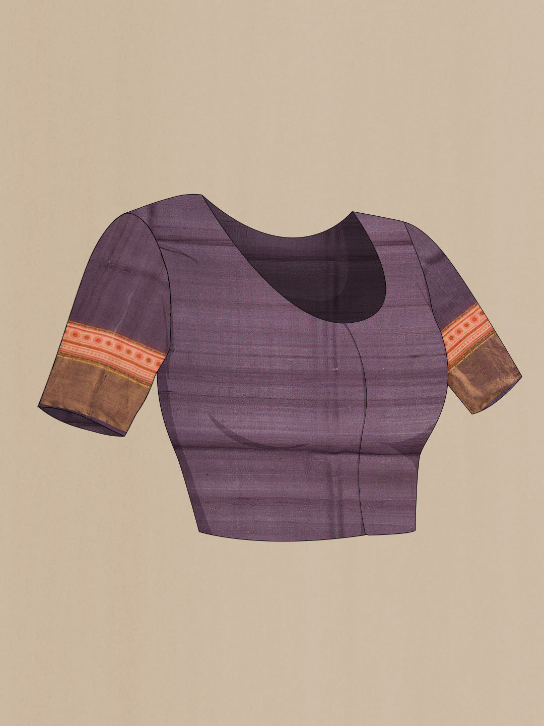 Close up image of the blouse of Purple Dual Tone Tussar Silk Saree with Printed design on the body and Fancy Border
