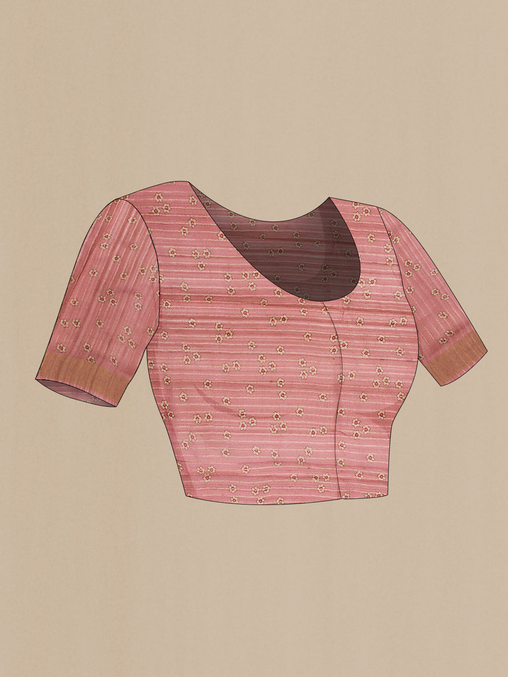 Close up image of the blouse of Pink Dual Tone Tussar Silk Saree with Printed design on the body and Zari Border. 