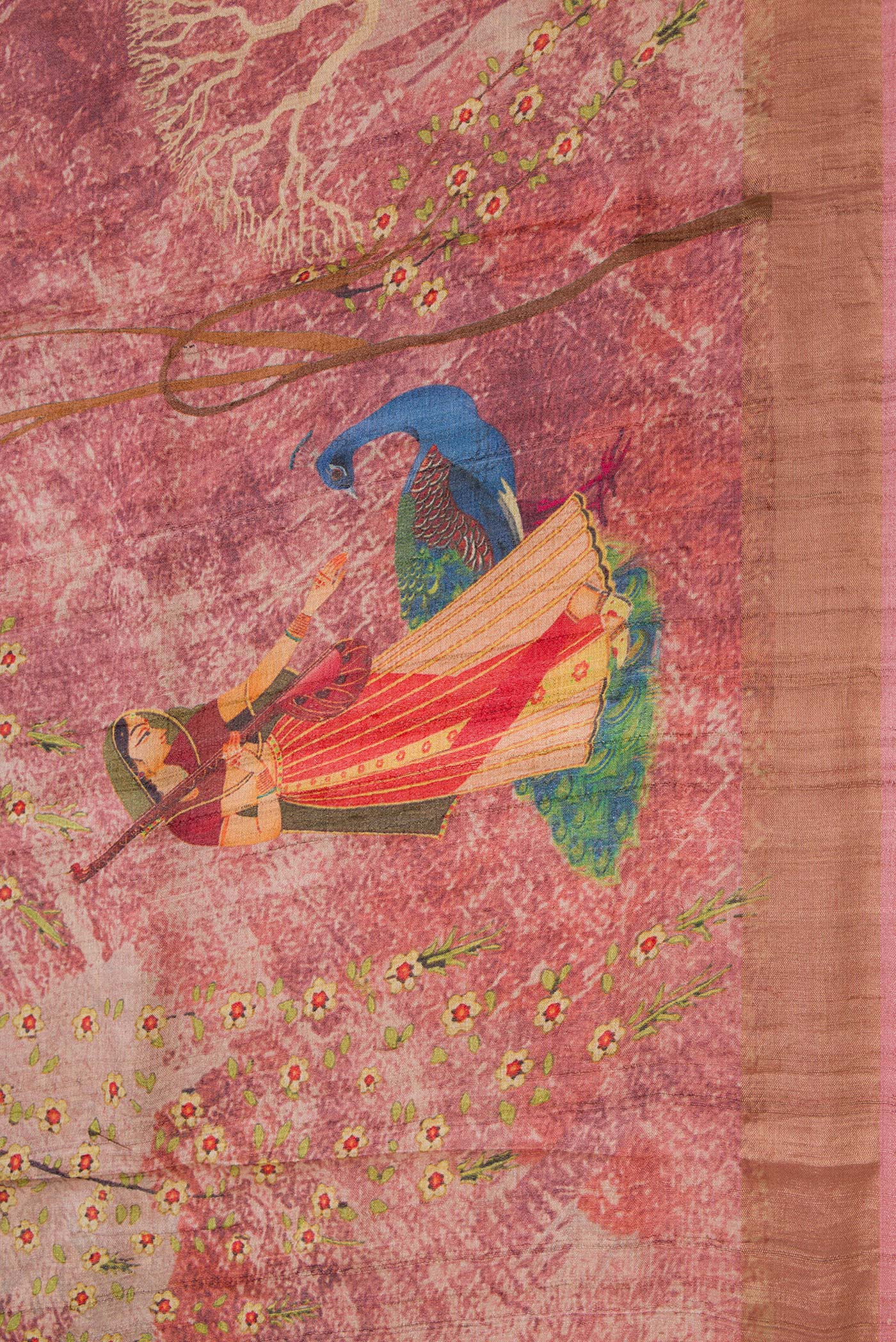 Border image of Pink Dual Tone Tussar Silk Saree with Printed design on the body and Zari Border. 