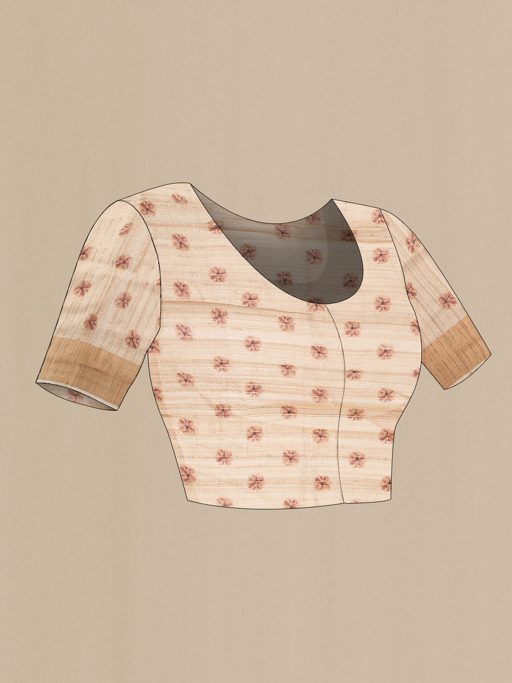 Close up image of the blouse of Beige Dual Tone Tussar Silk Saree with Printed design on the body and Zari Border. 