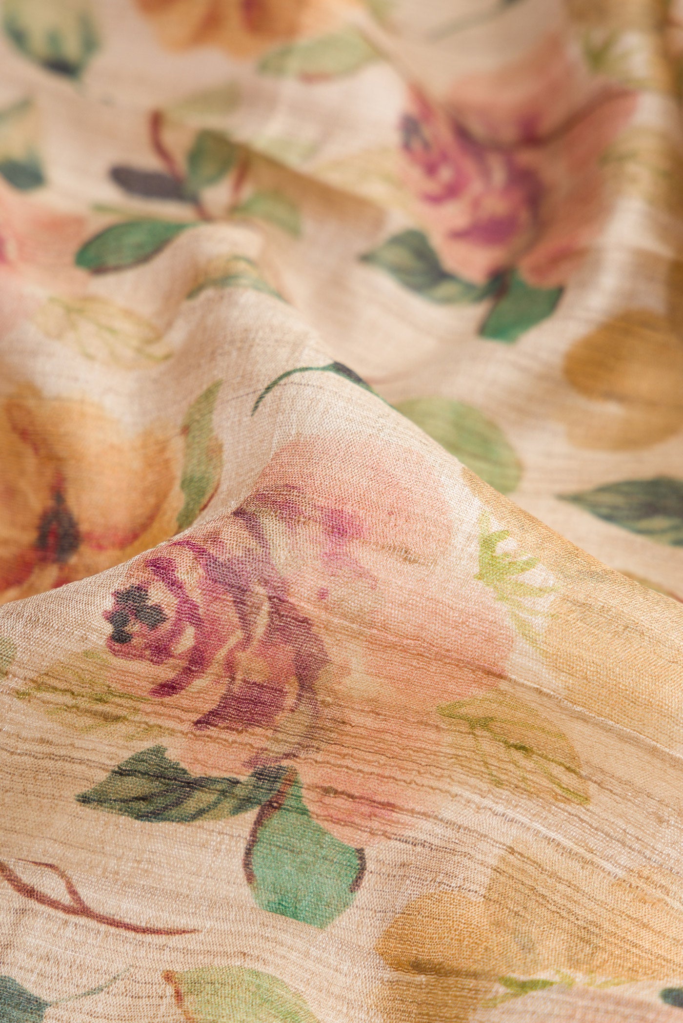 Close up of Beige Dual Tone Tussar Silk Saree with Printed design on the body and Zari Border.  displaying folds