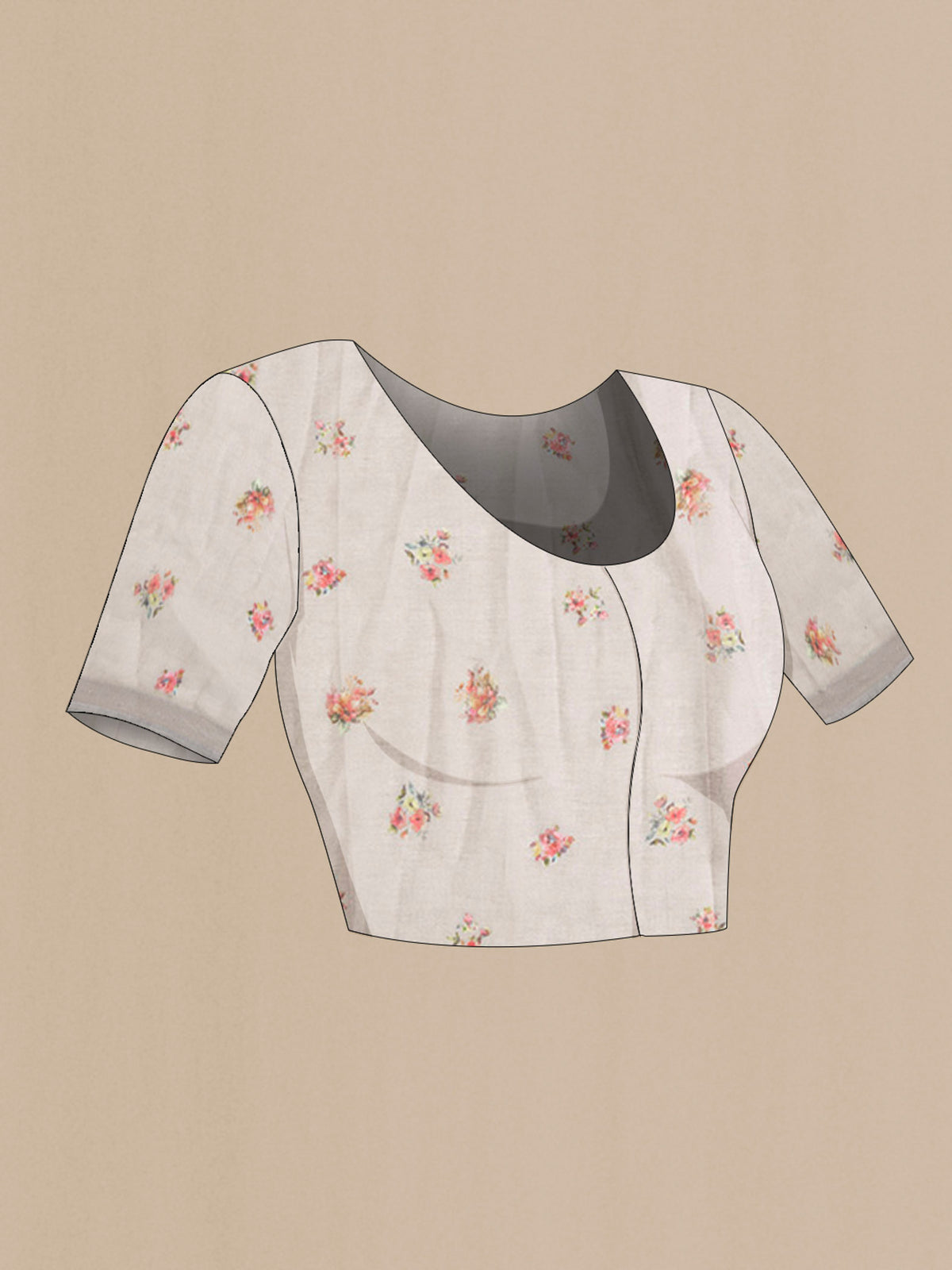 Close up image of the blouse of Grey Linen Cotton Saree with Printed design on the body and Zari Border