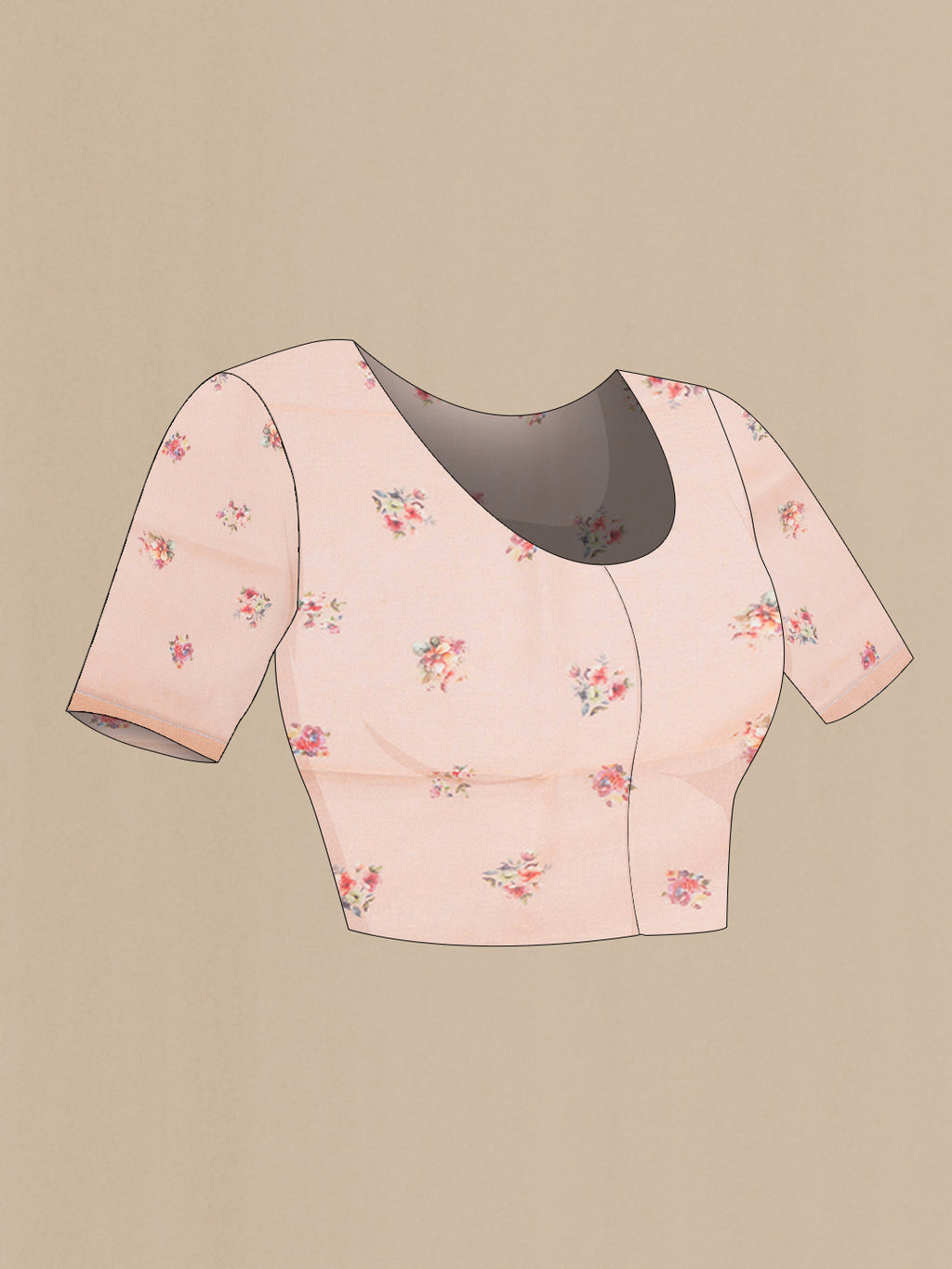 Close up image of the blouse of Peach Linen Saree with Printed design on the body and Zari Border. 