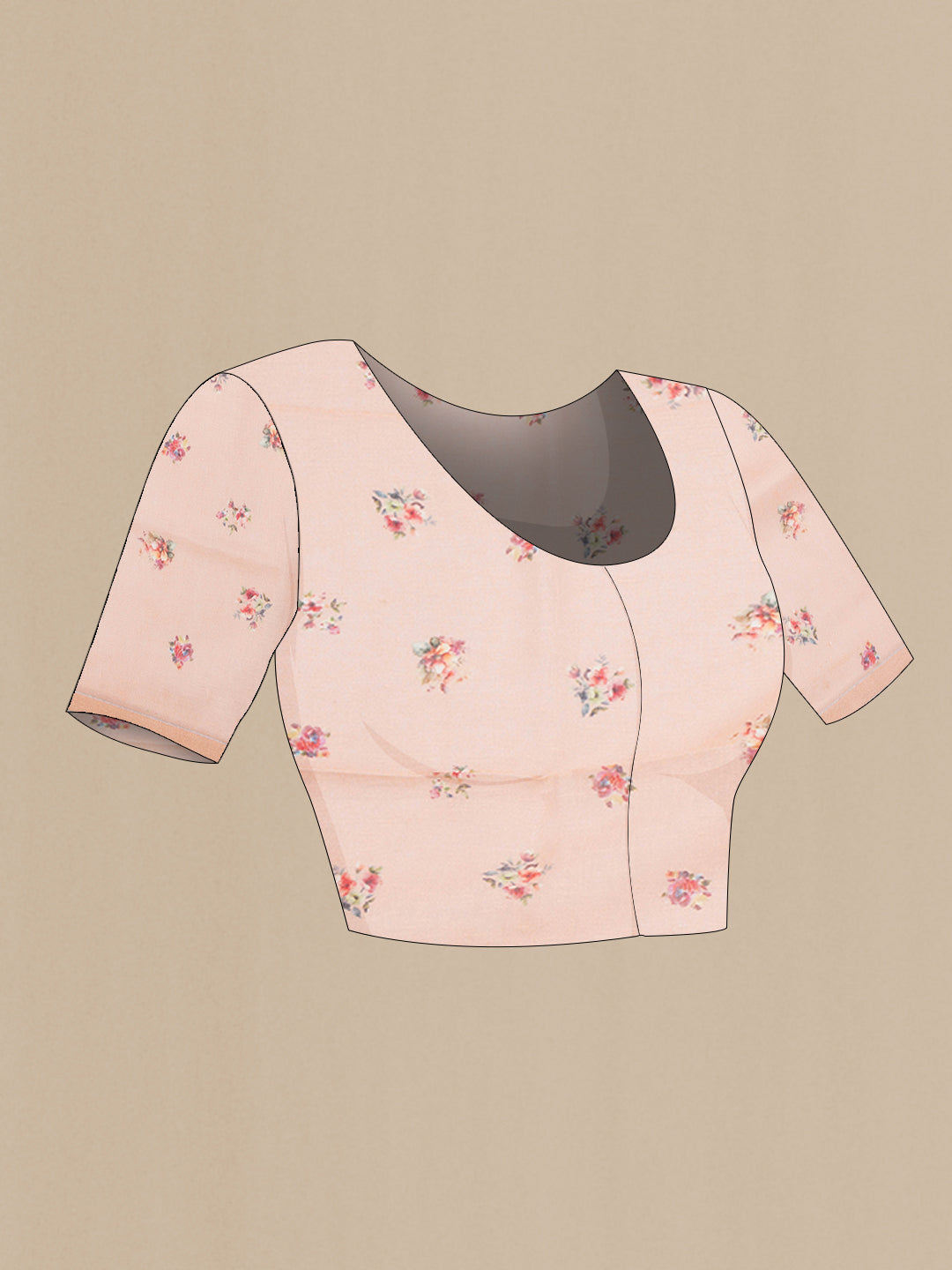 Close up image of the blouse of Peach Linen Saree with Printed design on the body and Zari Border. 