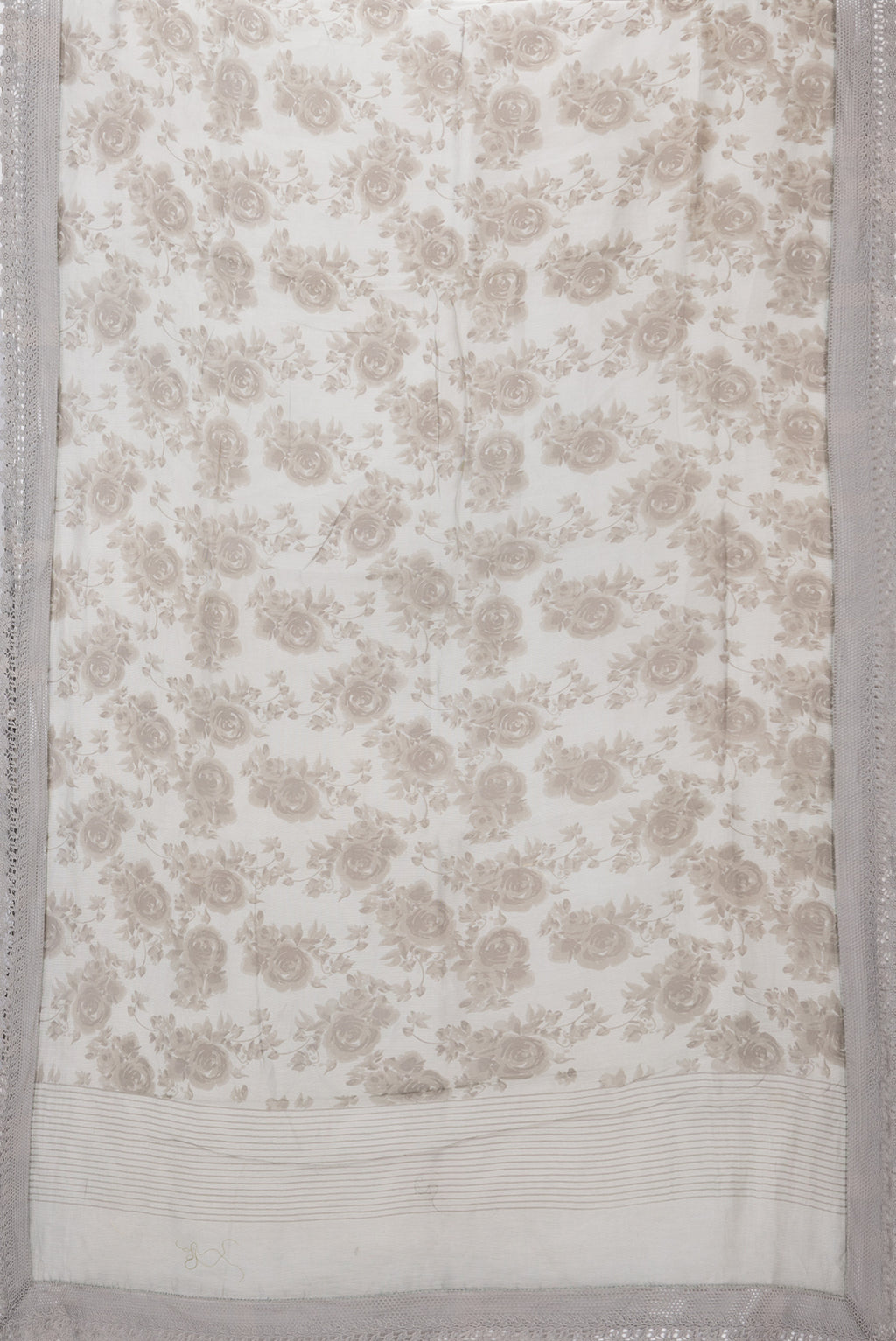 Flat view of Grey Blended Kota Silk Saree with Printed design on the body and Embroidery Border. 