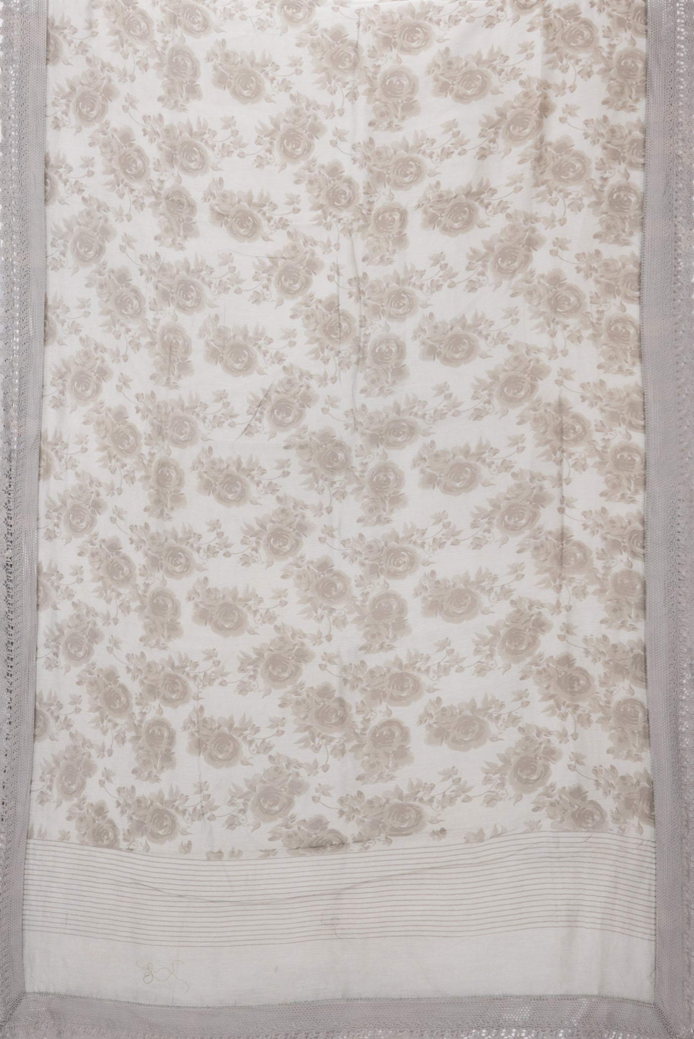 Flat view of Grey Blended Kota Silk Saree with Printed design on the body and Embroidery Border. 