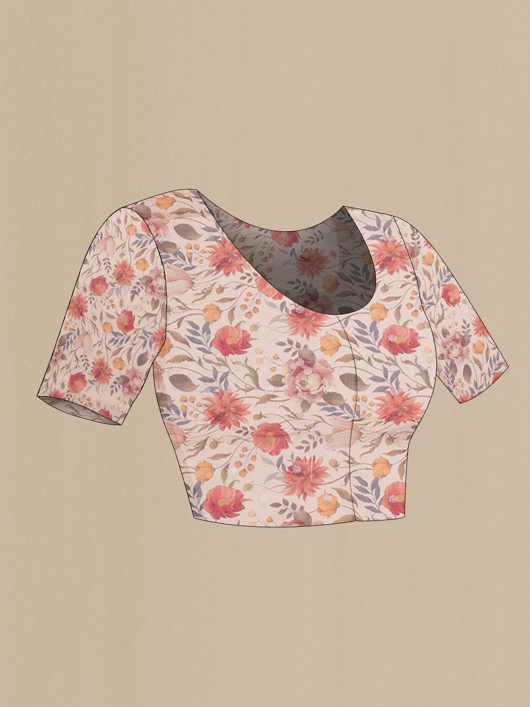 Close up image of the blouse of Peach Kota Silk Saree with Zari Butta on the body and Embroidery Border. 