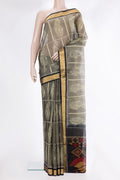 Grey Silk Cotton Saree with Ikat Print on the body and Zari Border.  displayed on a mannequin