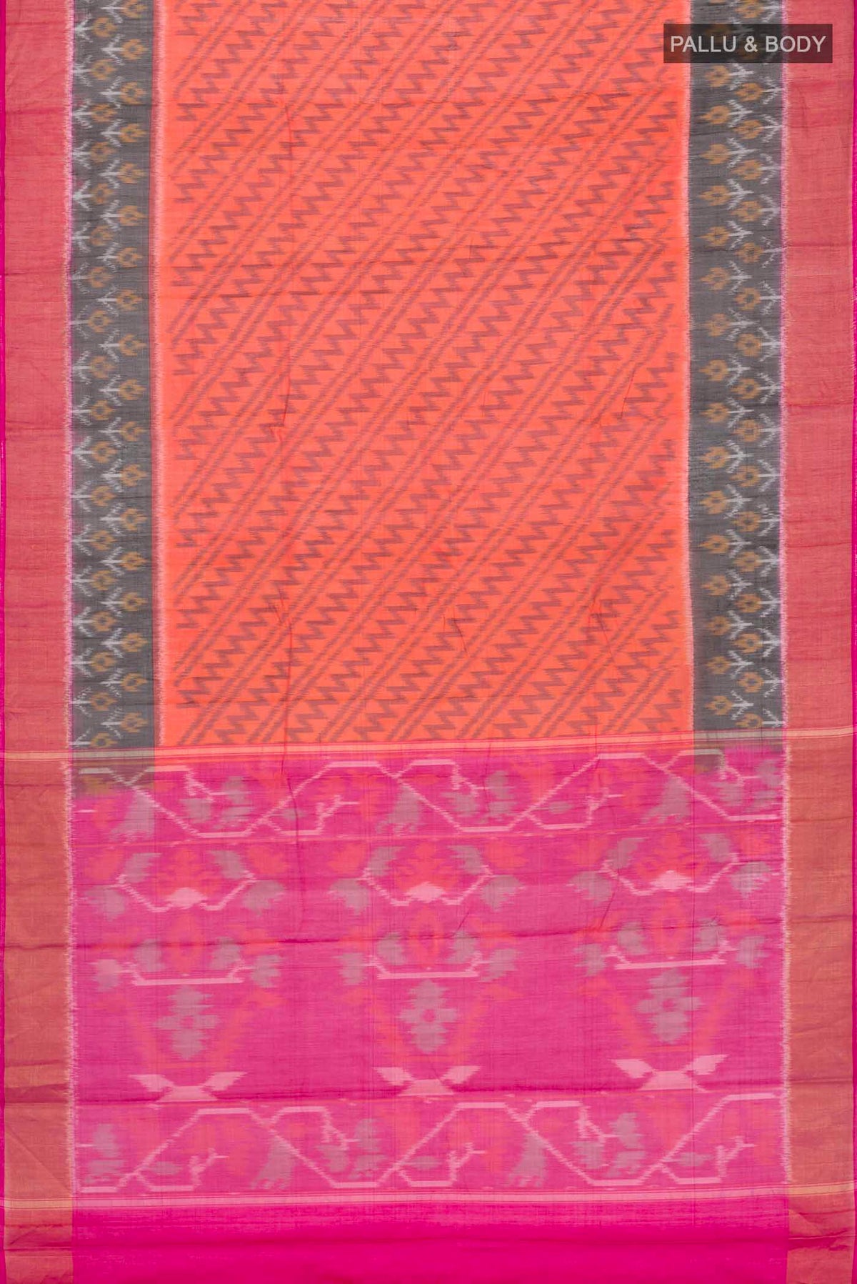 Flat view of Orange Silk Cotton Saree with Ikat Print on the body and Zari Border