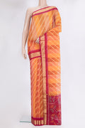 Multi Color Silk Cotton Saree with Ikat Print on the body and Zari Border.  displayed on a mannequin