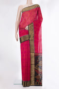 Dark Pink Silk Cotton Saree with Ikat Print on the body and Zari Border.  displayed on a mannequin