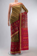 Brown Silk Cotton Saree with Ikat Print on the body and Zari Border displayed on a mannequin