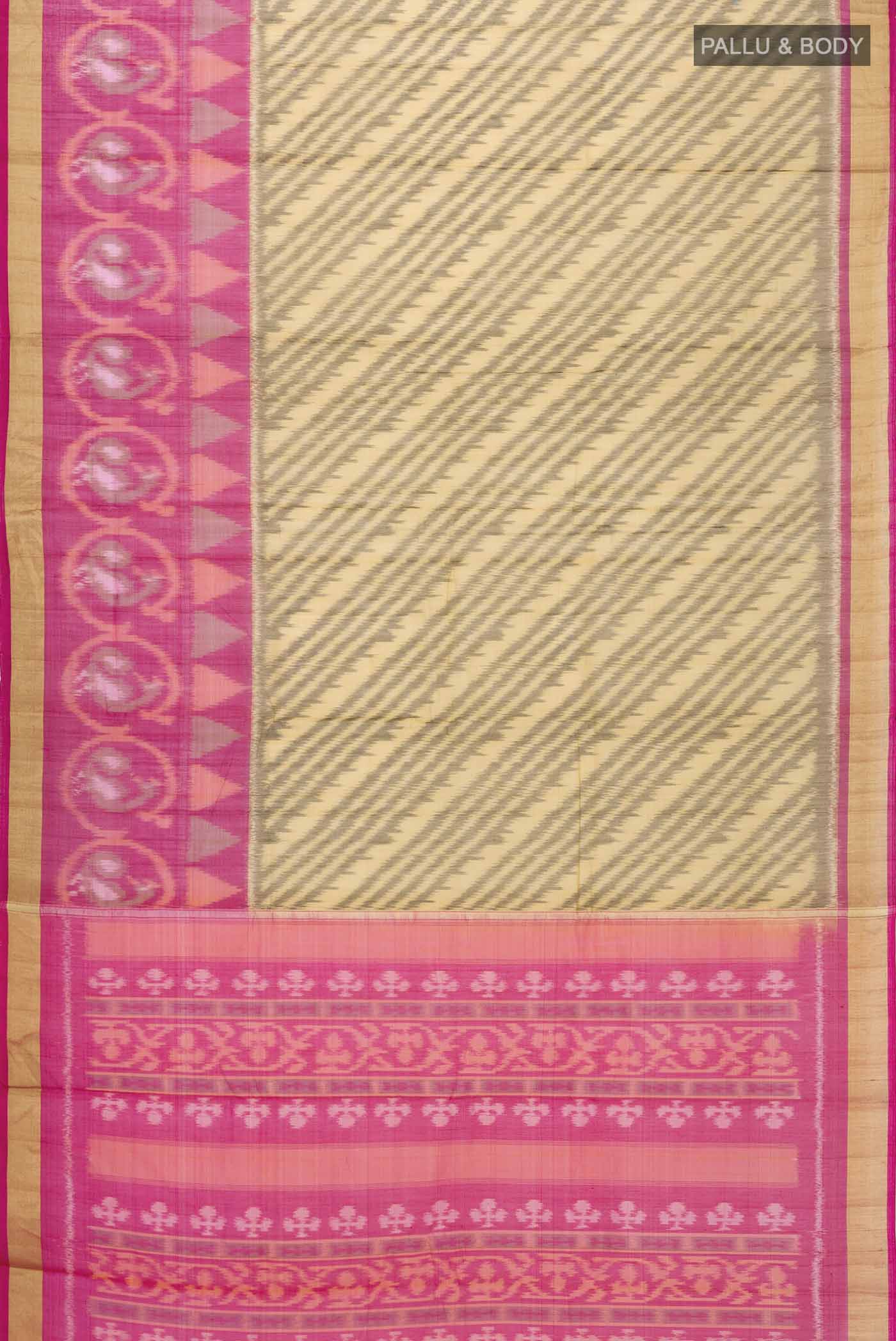 Flat view of Brown Silk Cotton Saree with Ikat Print on the body and Zari Border