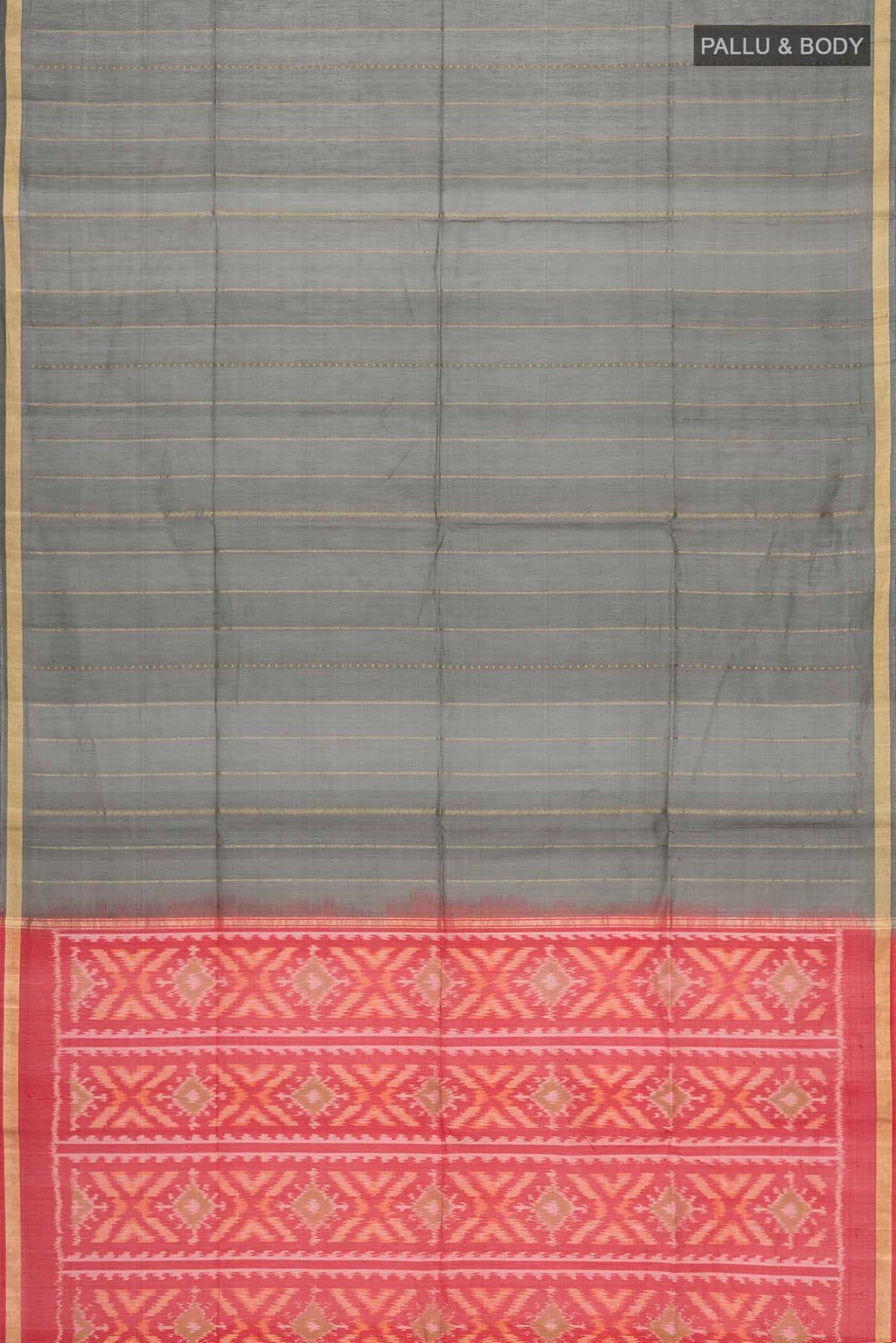 Flat view of Grey Silk Cotton Saree with Stripes on the body and Zari Border
