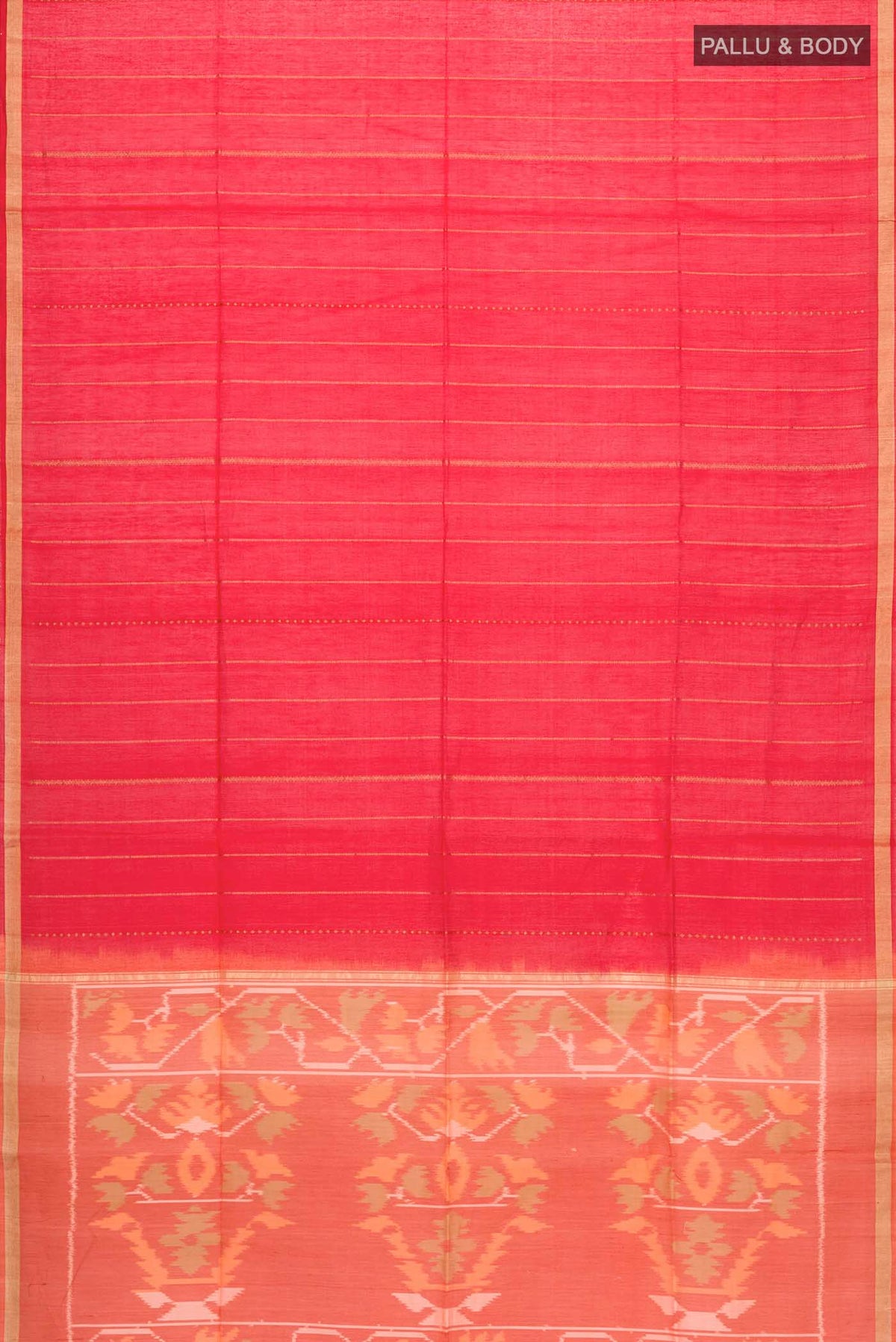 Flat view of Red Silk Cotton Saree with Stripes on the body and Zari Border