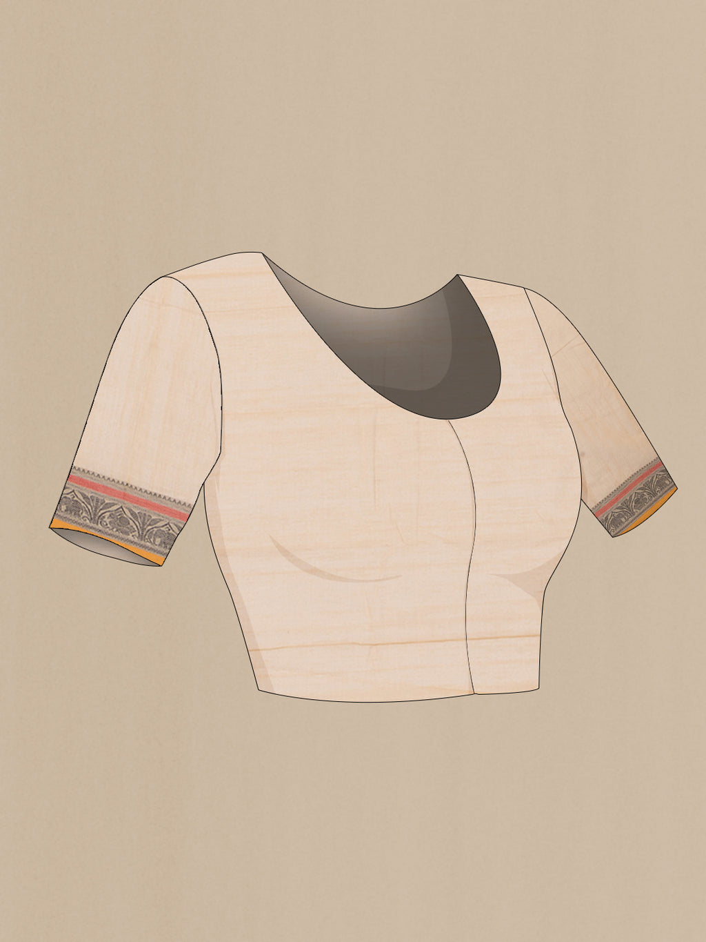 Close up image of the blouse of Beige Kanchi Cotton Saree with Thread Butta on the body and Thread Border. 