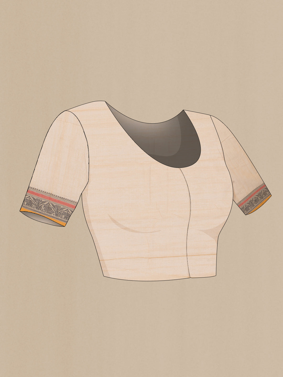 Close up image of the blouse of Beige Kanchi Cotton Saree with Thread Butta on the body and Thread Border. 