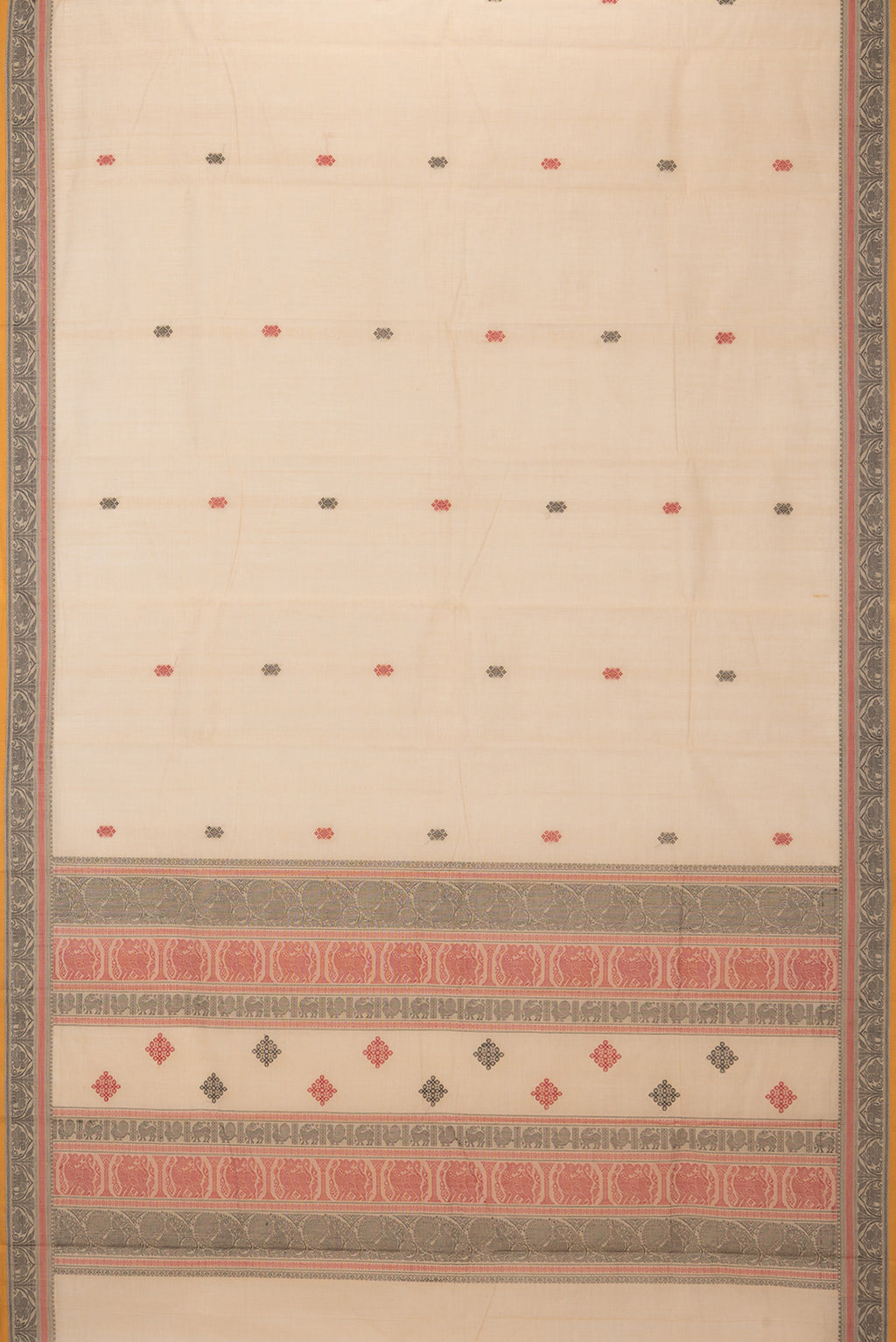 Flat view of Beige Kanchi Cotton Saree with Thread Butta on the body and Thread Border. 