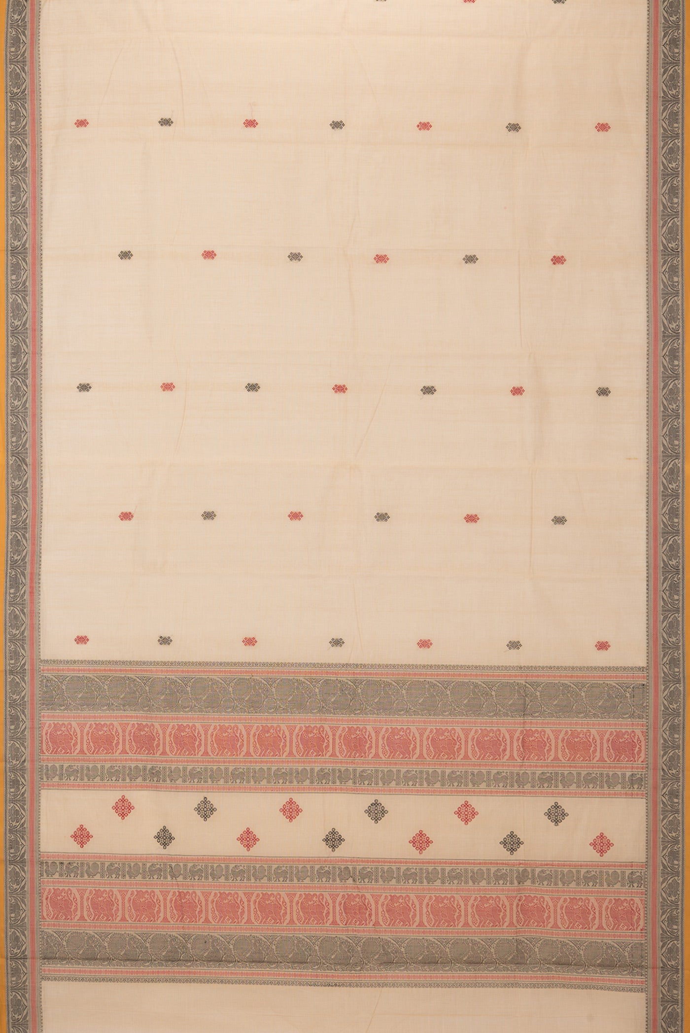 Flat view of Beige Kanchi Cotton Saree with Thread Butta on the body and Thread Border. 