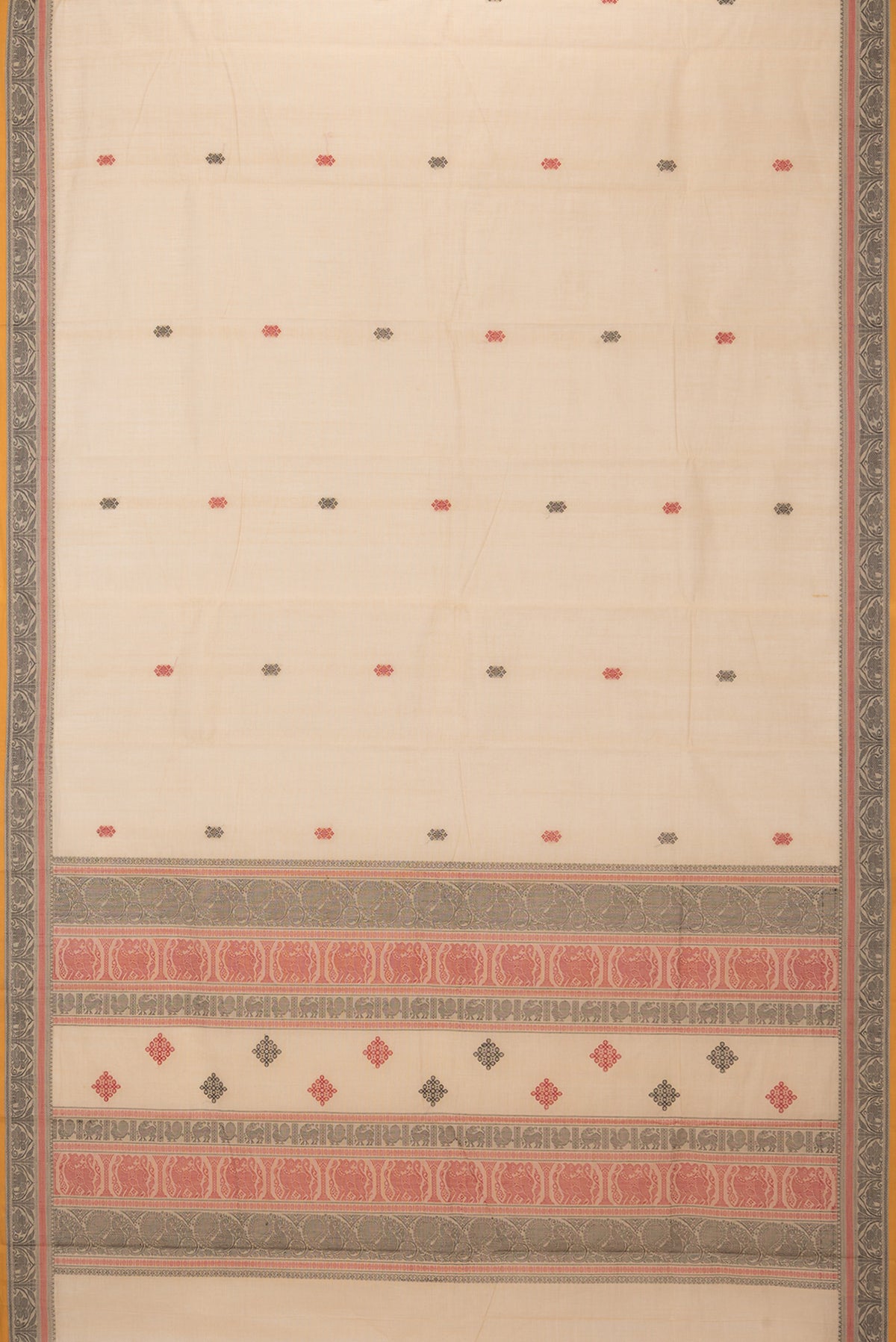 Flat view of Beige Kanchi Cotton Saree with Thread Butta on the body and Thread Border. 