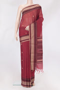 Maroon Kanchi Cotton Saree with Thread Butta on the body and Thread Border.  displayed on a mannequin