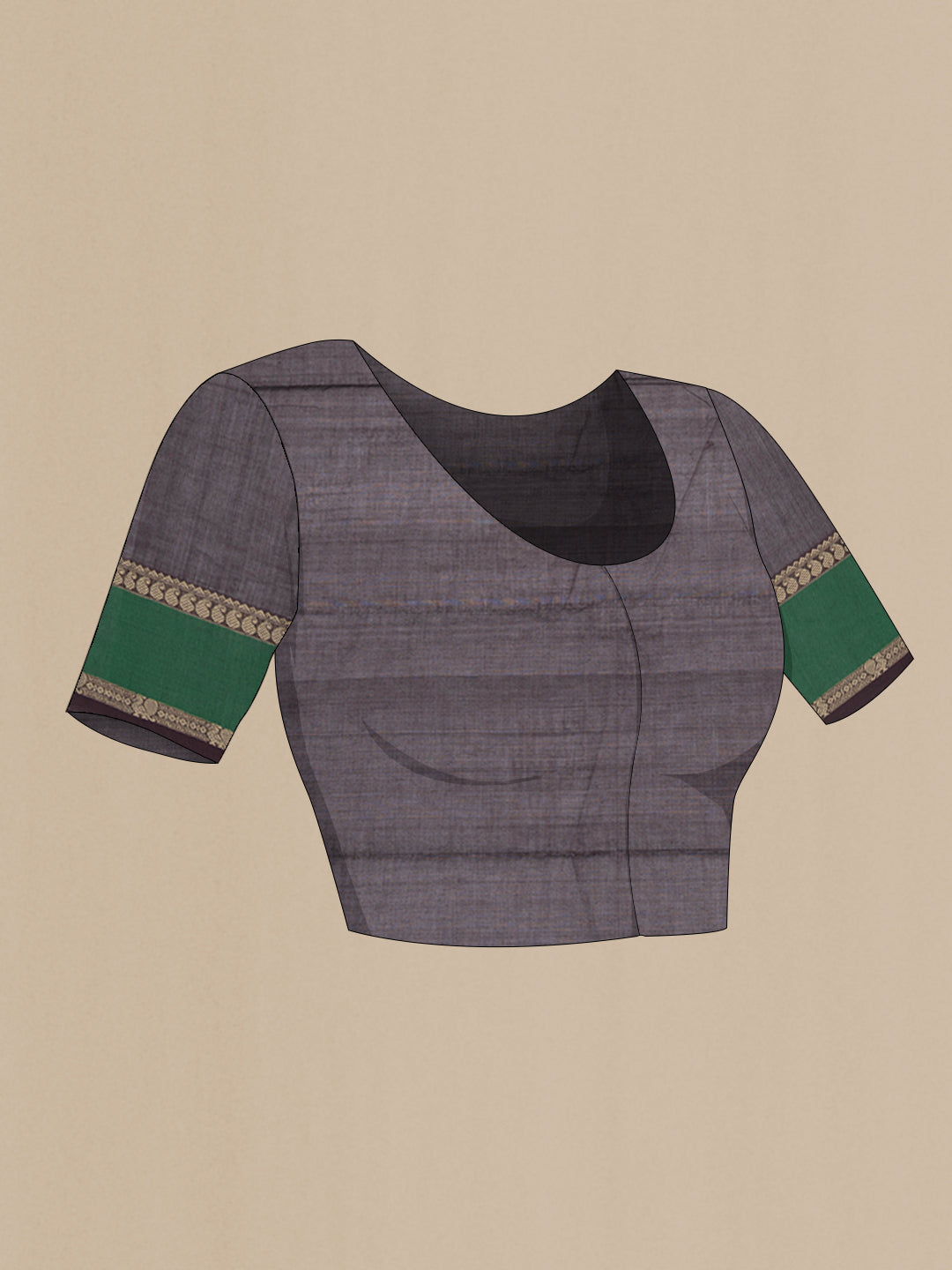 Close up image of the blouse of Brown Kanchi Cotton Saree with Checked design on the body and Thread Border. 