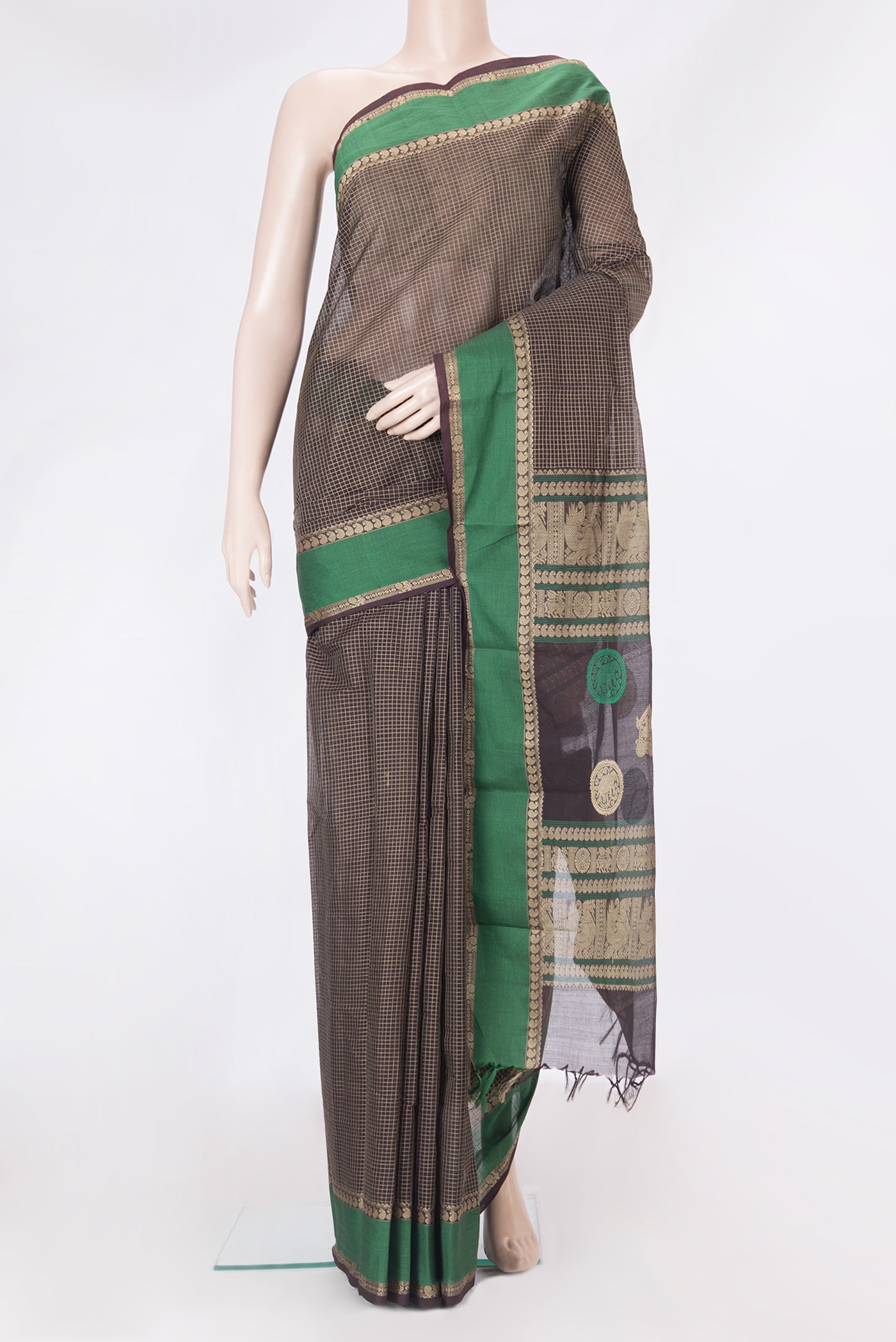 Brown Kanchi Cotton Saree with Checked design on the body and Thread Border.  displayed on a mannequin