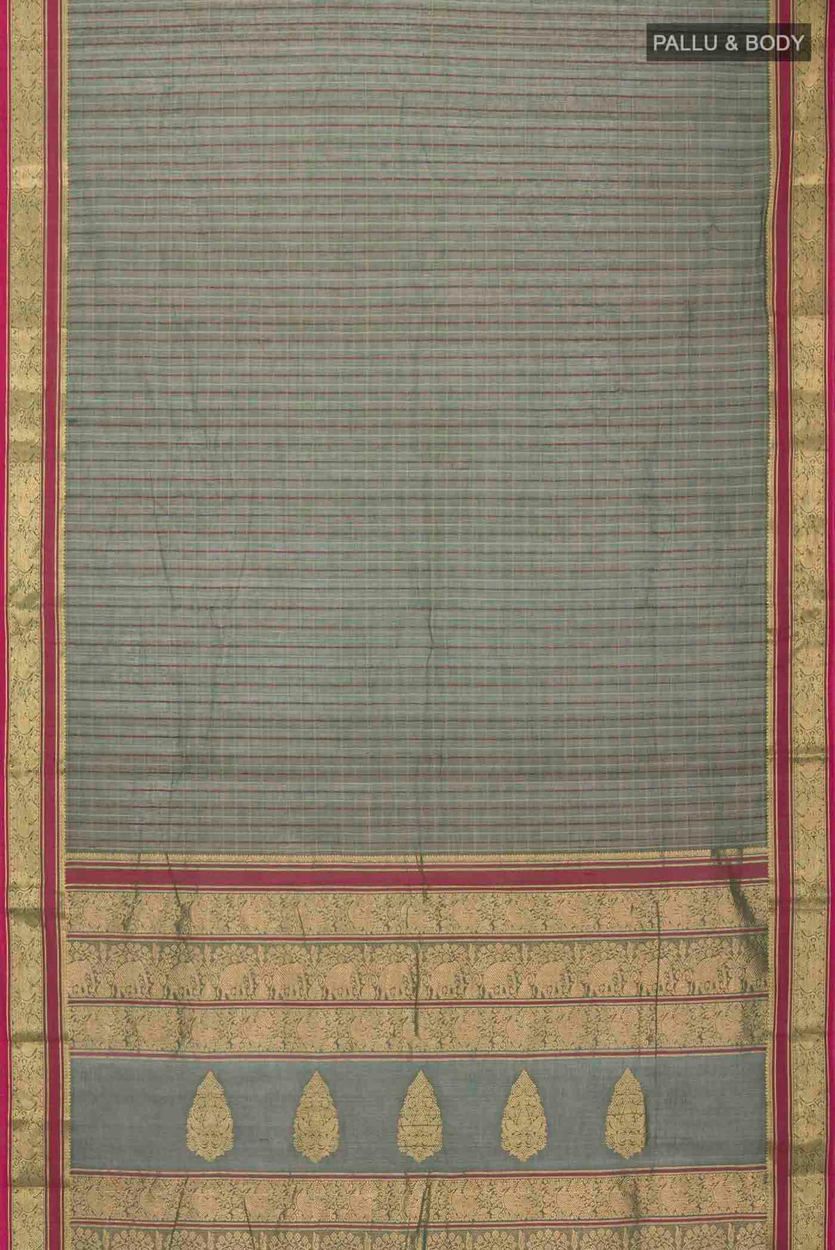Flat view of Green Kanchi Cotton Saree with Thread Butta on the body and Zari And Thread Border