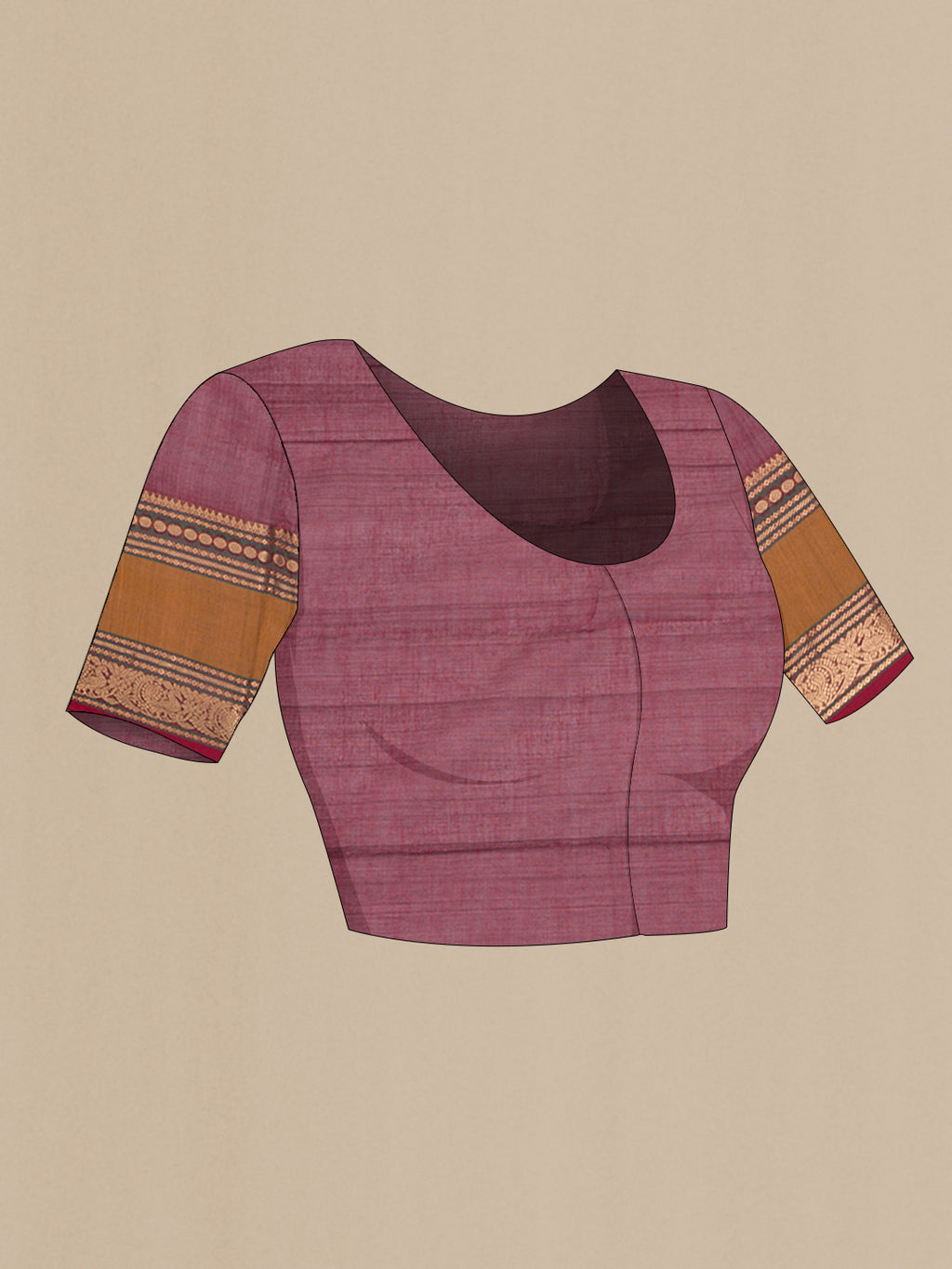 Close up image of the blouse of Maroon Kanchi Cotton Saree with Zari Butta on the body and Zari Border. 
