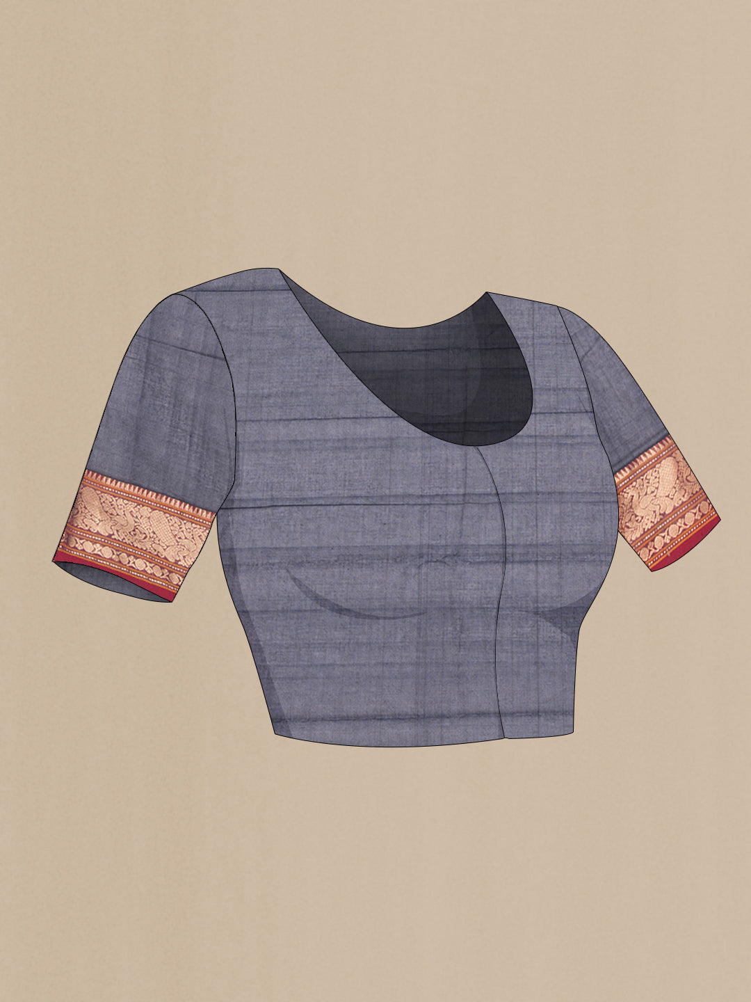 Close up image of the blouse of Navy Blue Kanchi Cotton Saree with Checked design on the body and Zari Border. 