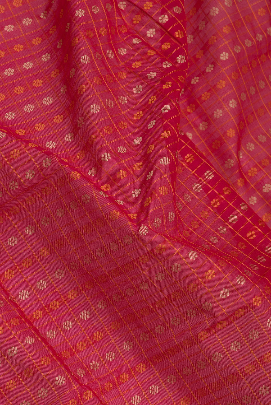 Close up of Dark Pink Dual Tone Kanchi Cotton Saree with Thread Butta on the body and Zari And Thread Border.  displaying folds