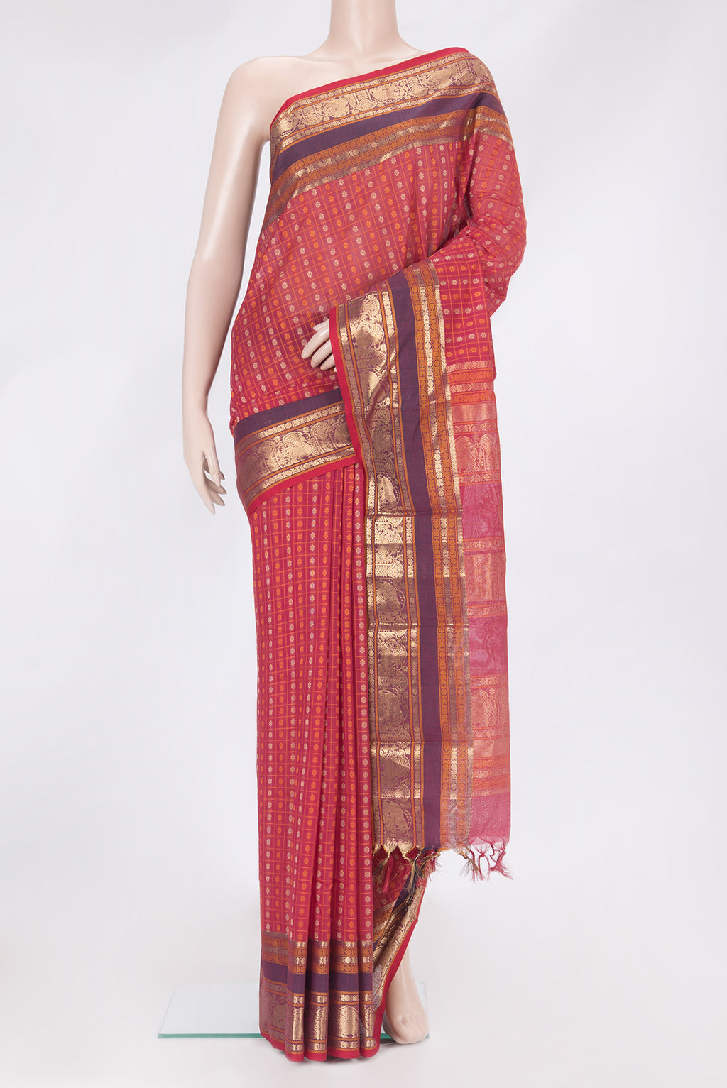 Dark Pink Dual Tone Kanchi Cotton Saree with Thread Butta on the body and Zari And Thread Border.  displayed on a mannequin